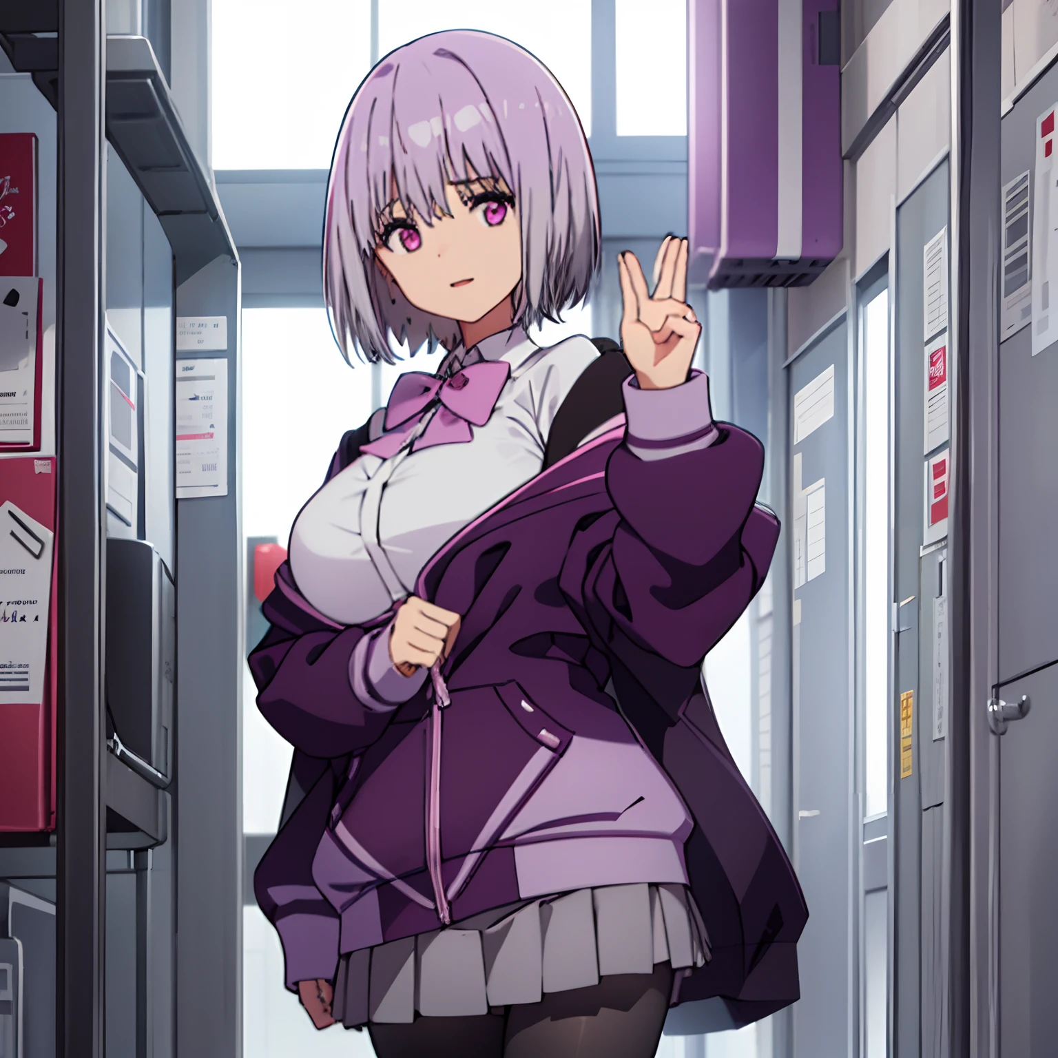 upperbody, huge tits, solo, akane, light purple hair, pink eyes, short hair, black pantyhose, bow, collared shirt, hood, hooded jacket, jacket, open clothes, open jacket, open shirt, pantyhose, purple bow, purple jacket, school uniform, shirt, white shirt,