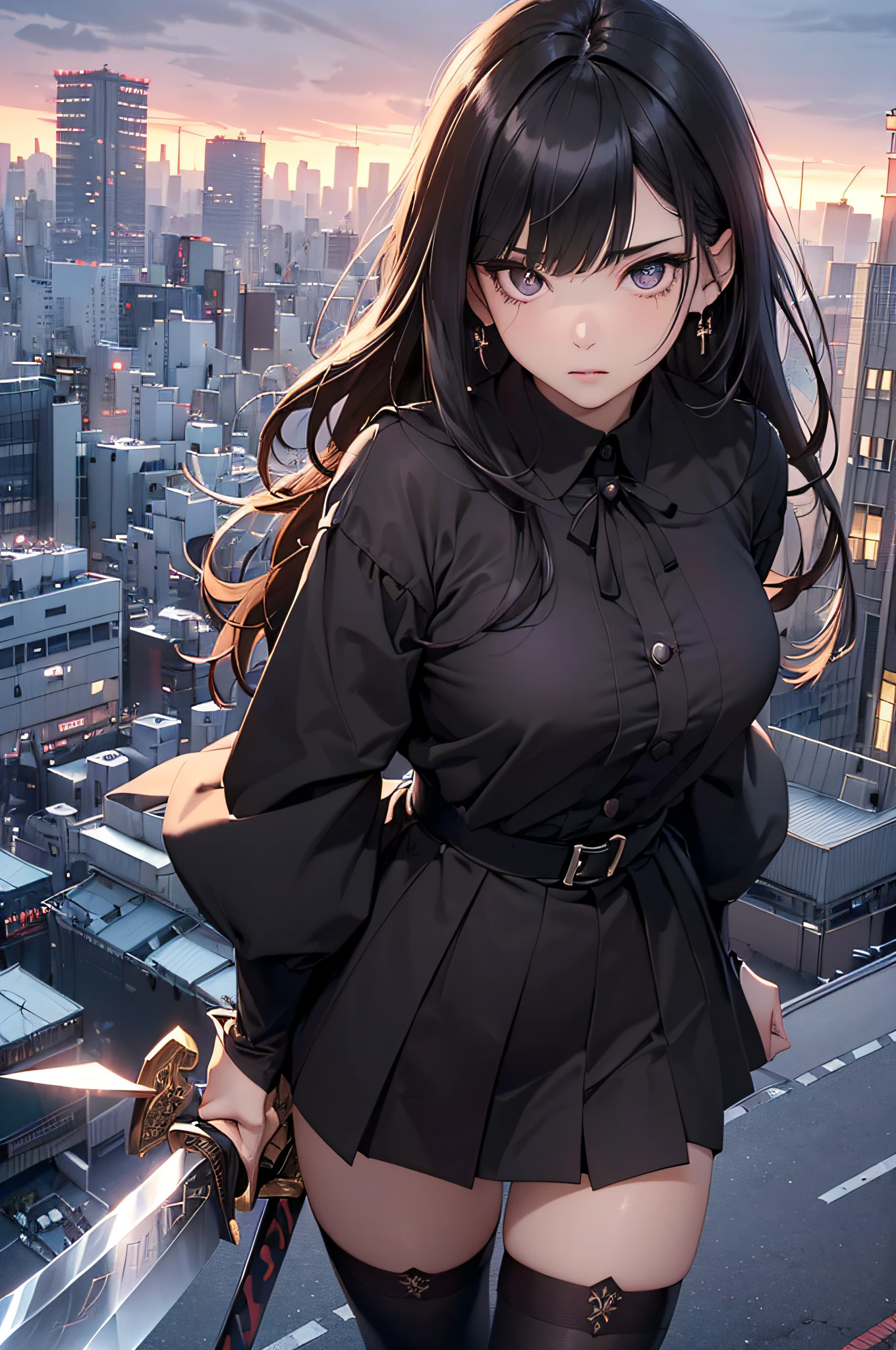 (Official art、Best Quality、Unity 8k Wallpapers、32K、masterpiece、ultra-detailliert、超A high resolution、realisitic、Photorealsitic:1.2)、(Cinematic lighting:1.2)、Fireglow effect、film grains、Best Shadows、Rim lighting、side lights、sideshot、(Ultra-detailed and complex 3D rendering)、Detailed beautiful face and eyes、Sharp pupils、Realistic pupils、A slender、1Man Woman、、(Full body:1.2)、 Highly detailed background、beauitful face、16-year-old beautiful girl、(super detailed skin、detailed skin textures:1.3)、Black hair、Blunt bangs、Brown-eyed、a sailor suit、pleatedskirt、Black stockings、(thighs thighs thighs thighs:0.8)、Black boots、(Tokyo at night、On the roof of a building:1.4)、(carrying a big sword:1.3)、(Looking away、overlooking a city:1.3)、Farewell