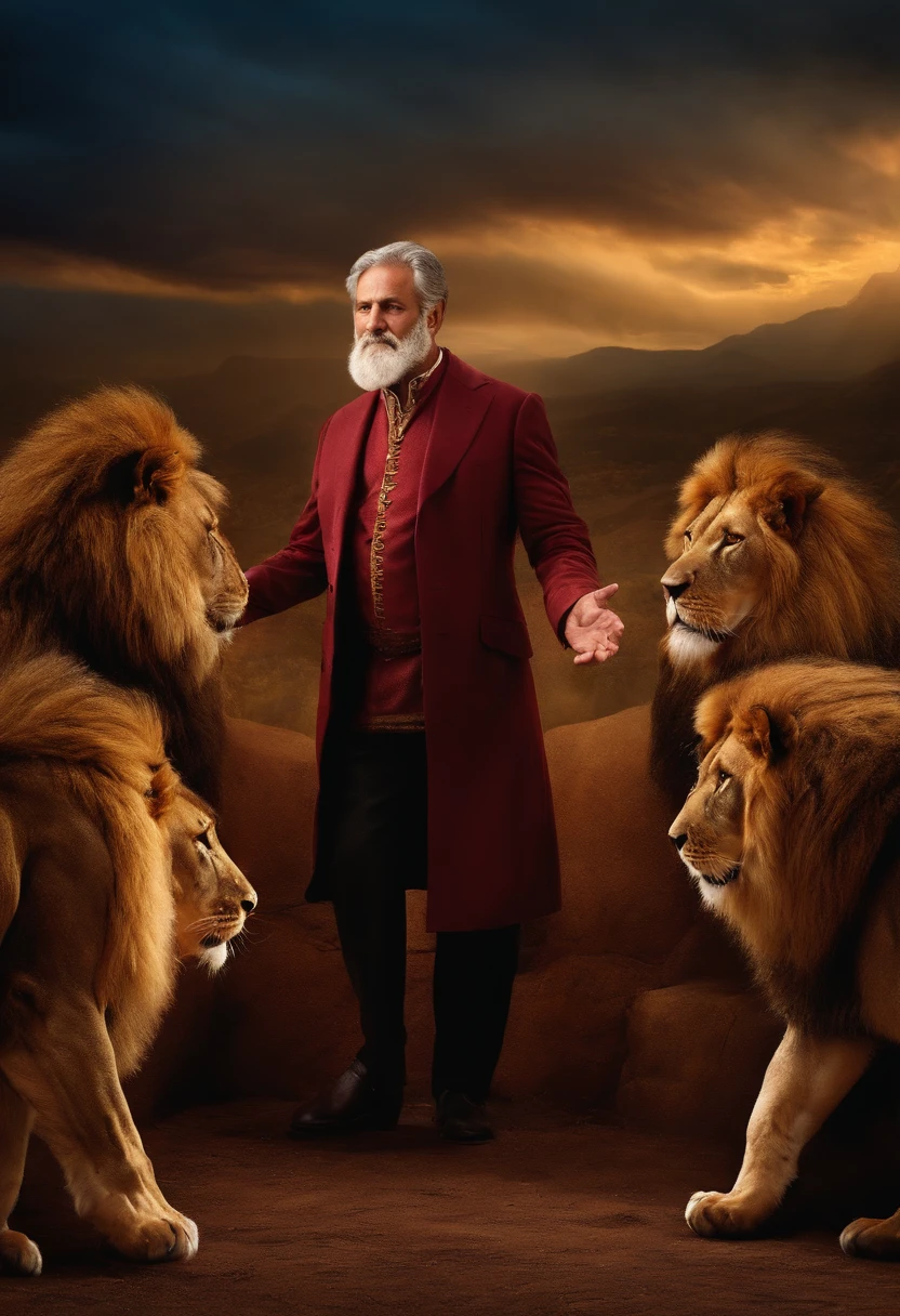 A middle-aged Hebrew gentleman standing praising God, in the middle of the den the hungry fierce lions