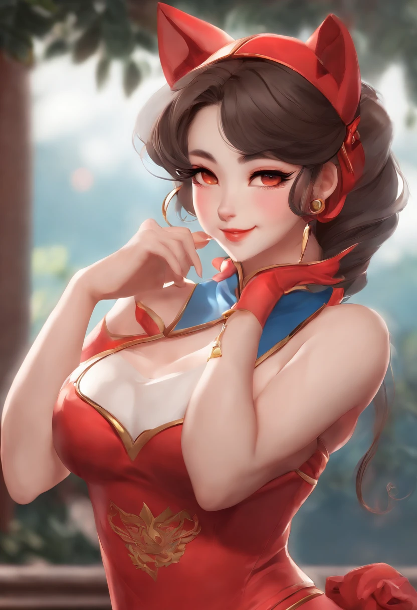 Chun-Li's face cat ears red ceramic clothes sitting and smiling anime style