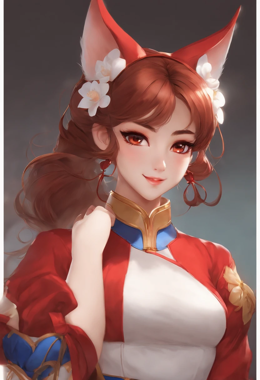 Chun-Li's face cat ears red ceramic clothes sitting and smiling anime style