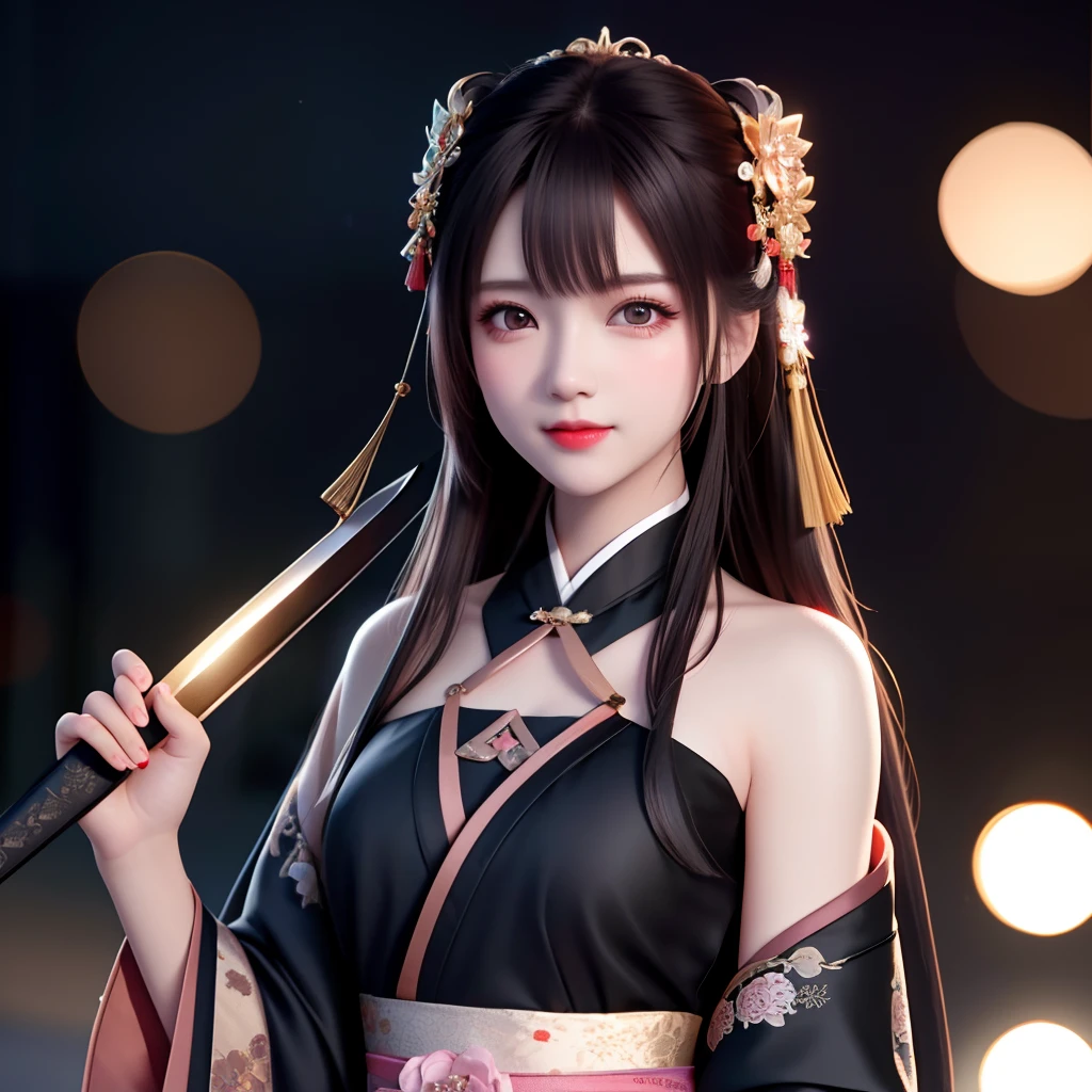 best quality, masterpiece, highres, 1girl,blush,(seductive smile:0.8),star-shaped pupils, china hanfu in dark black, Beautiful face, face masked, upon_body, holding a sword, tyndall effect,photorealistic, dark studio, rim lighting, two tone lighting,(high detailed skin:1.2), 8k uhd, dslr, soft lighting, high quality, volumetric lighting, candid, Photograph, high resolution, 4k, 8k, Bokeh