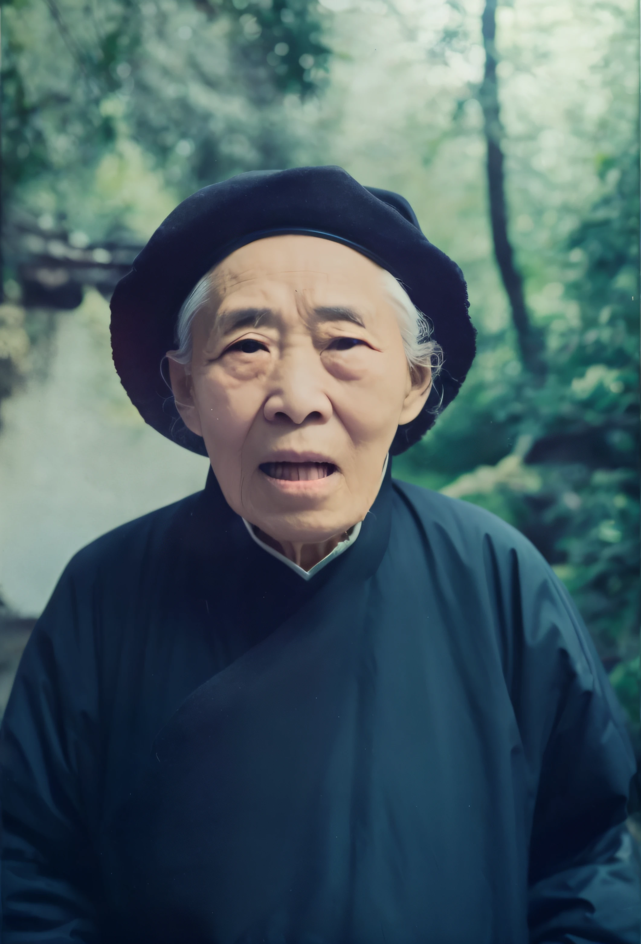 Portrait of a 70-year-old Chinese woman，Face emaciation，Good facial features，Symmetrical facial features，The ears are symmetrical and clear，Ultra-clear and realistic facial features，With a black hat on his head，Hat coordination，He is wearing traditional Chinese clothing，The texture of the clothes is clear，Ultra-clear texture，Camera shooting effect，Light and shadow are natural，Symmetrical clothes，The collar is symmetrical and coordinated，Ultra-clear realistic 8K,Very detailed eyes and face,Ultra detail, High definition, Very detailed, Best quality, Masterpiece, , Realistis, Real, 8K wallpaper,Background details for foreground objects (Masterpiece: 1.2) (Photorealistic: 1.2) (Bokeh: 1.2) (Best quality) (Color grading) (Detailed skin: 1.3) (complex) (8K) (hdr) (Movie lighting: 1.3) (Sharp focus), Glossy glossy skin, Front-facing Ultra HD, Digital SLR, Soft lighting, High quality, film gram, Fujifilm XT3 skin texture, filmgrain, Close up, 超高分辨率,