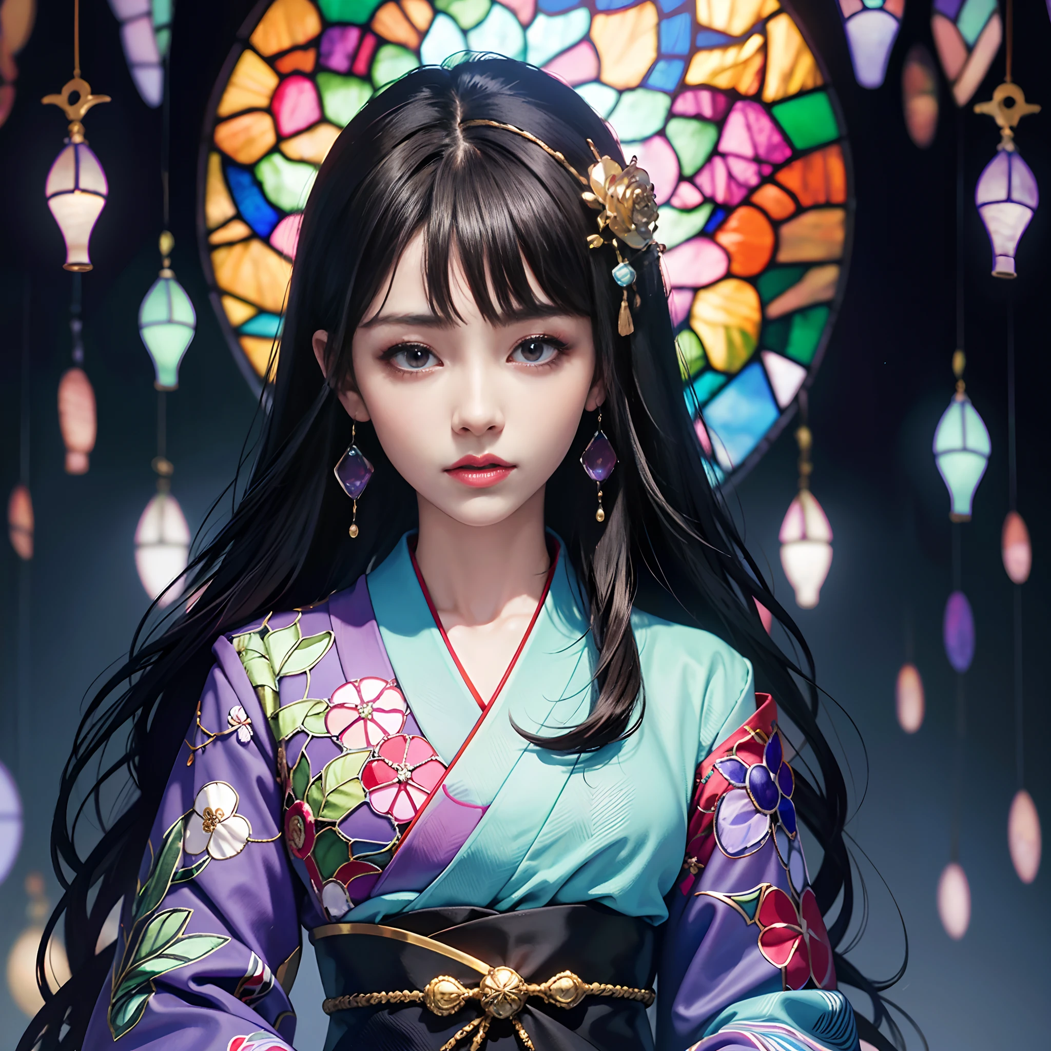 Background of details(chies(stain glass:1.2)),BREAK,elaborate costume{Luxury kimono(Colorful kimono(detailed embroidery,))},Break 1 Female(Beautiful and classy adult woman(Japanese actressl:1.2)(glossy dark hair(poneyTail:1))), Blake Wallpaper 16K,Blur the background,(masutepiece:1.5), (Best Quality:1.5),(Portrait photos:1.5),full body Esbian