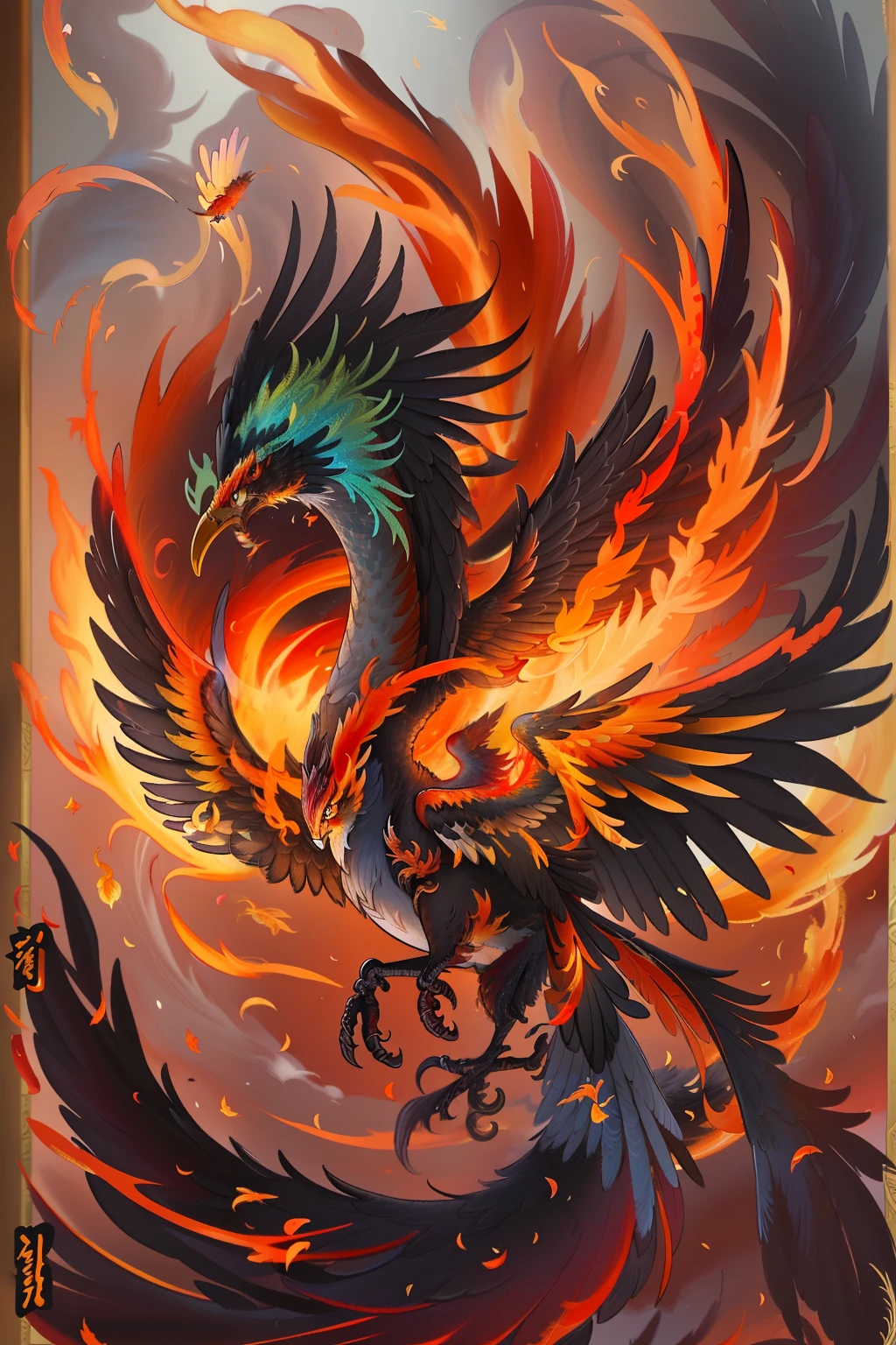 A painting of a bird,The bird's tail flies in a spiral, artwork of a phoenix, ''wallpaper of a phoenix, ''wallpaper of a phoenix resting, The Phoenix rose from the ashes, phoenix in fire, phoenix dragon, fiery bird, phoenix rising, ornate with fiery explosions, Hearthstone card game artwork. ”, phoenix warrior, Symmetrical epic fantasy art