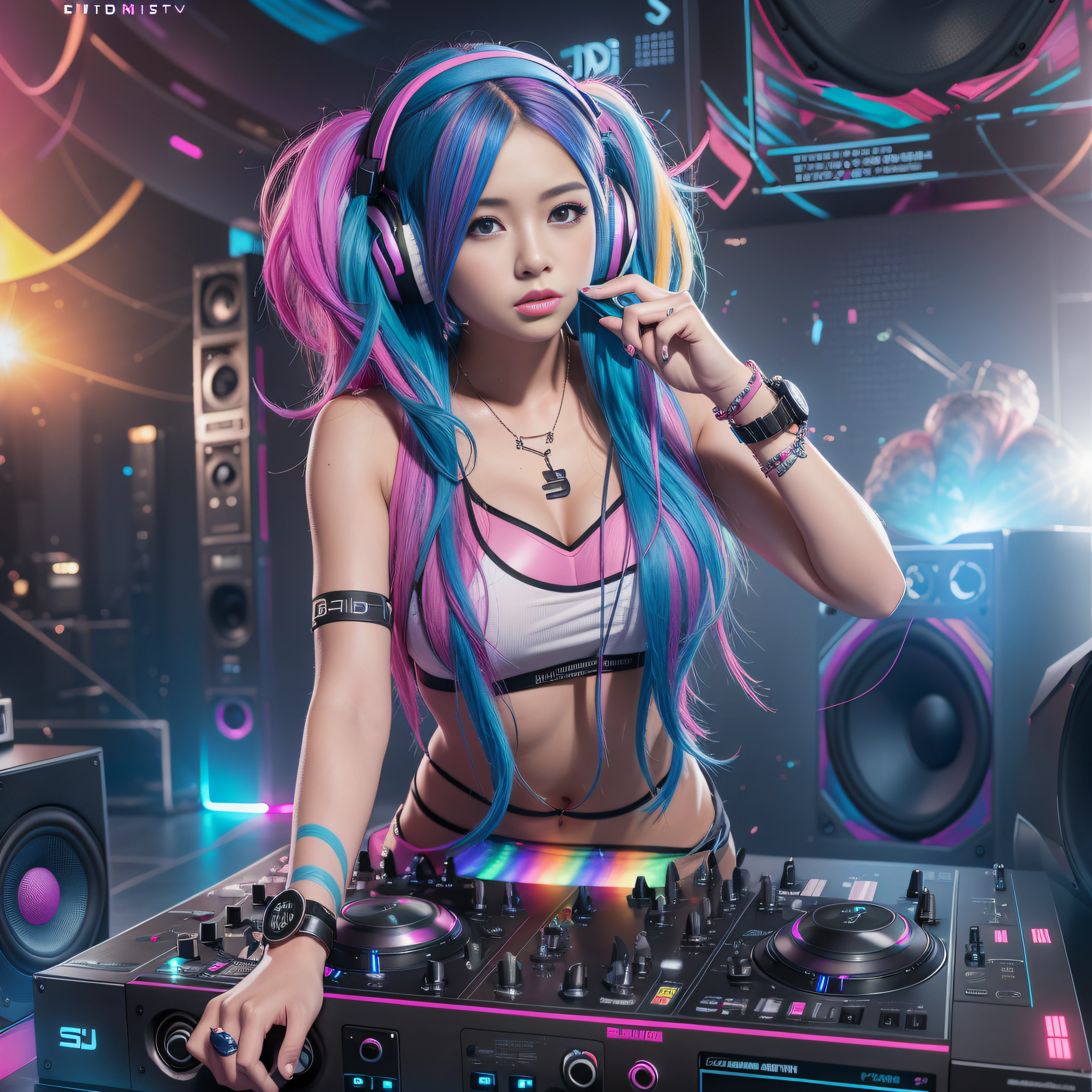 Fragment of the masticator muscle 、Supermarket、 surrealism、Beautiful female artist in DJ suit with black top and  headphones、DJ Set 、 TONE UP 、 headphones DJ RAVE ,  TONE UP ,  headphones、dj at a 、DJ RAVE  、 CG station 、((( huge speaker in the background)))、((( Every Wall Is a Speaker .)))、( colorful hair)、 shiny hair、Interior Color、
