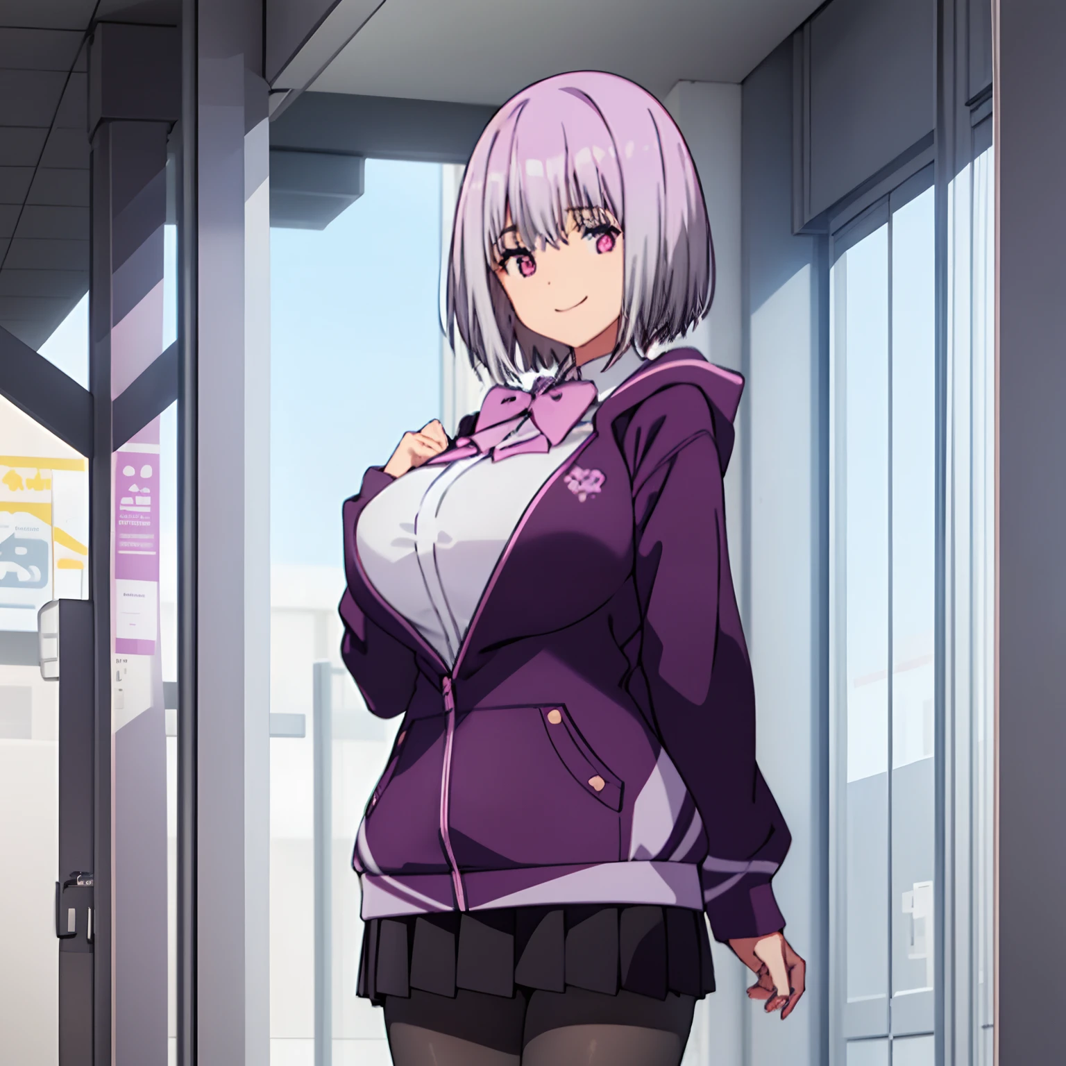 upper body, huge tits, solo, akane, light purple hair, pink eyes, short hair, black pantyhose, bow, collared shirt, hood, hooded jacket, open clothes, open shirt, pantyhose, purple bow, purple jacket, school uniform, shirt, white shirt, (close up), smile, random pose,