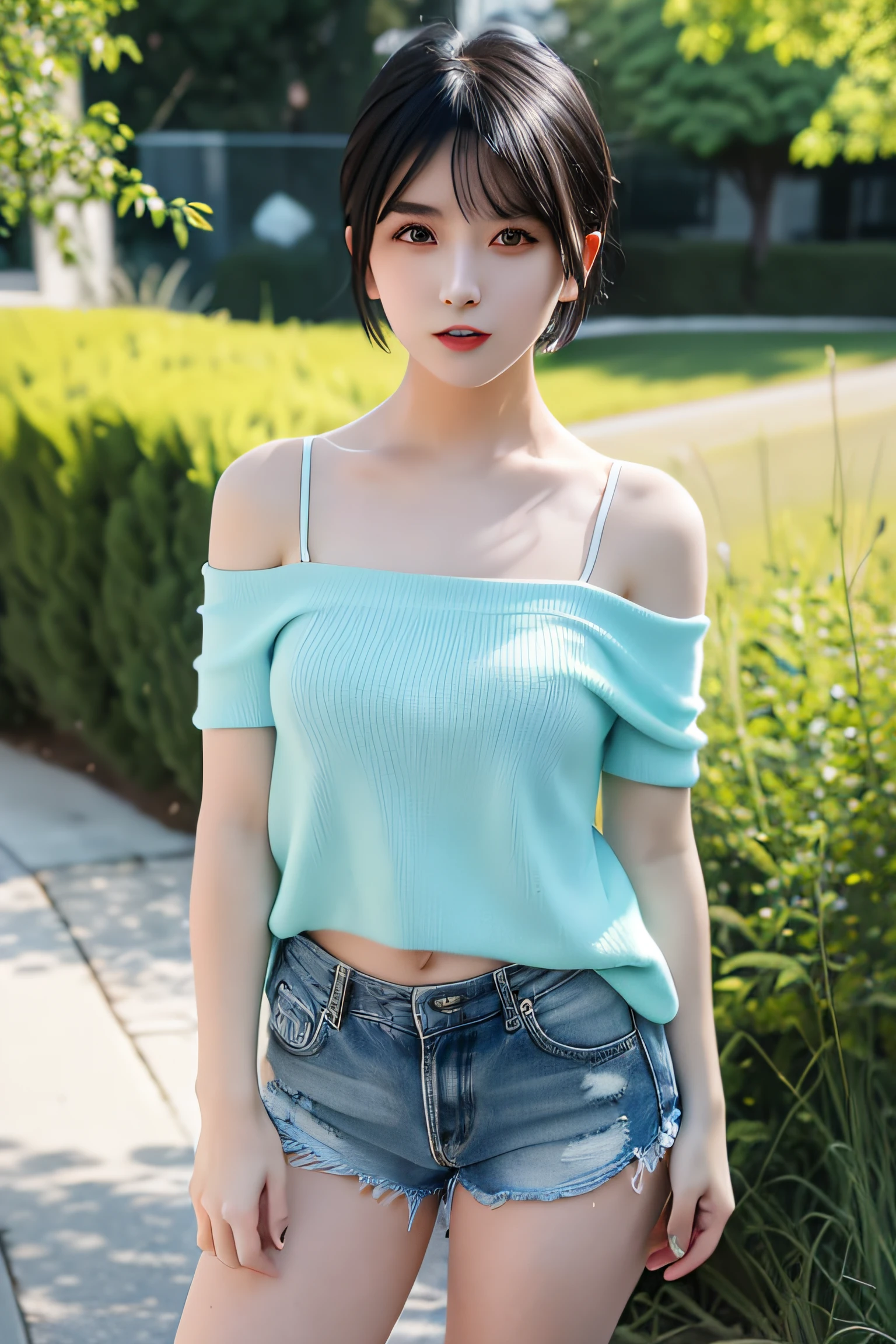 masterpiece, best quality, 1girl, aqua eyes, black hair, closed mouth, multicolored background, looking at viewer, short hair, outdoors, solo, full body, alluring, clean, beautiful face, pure face, pale skin, sexy pose,((camisole, shorts, off shoulder, navel)), cute