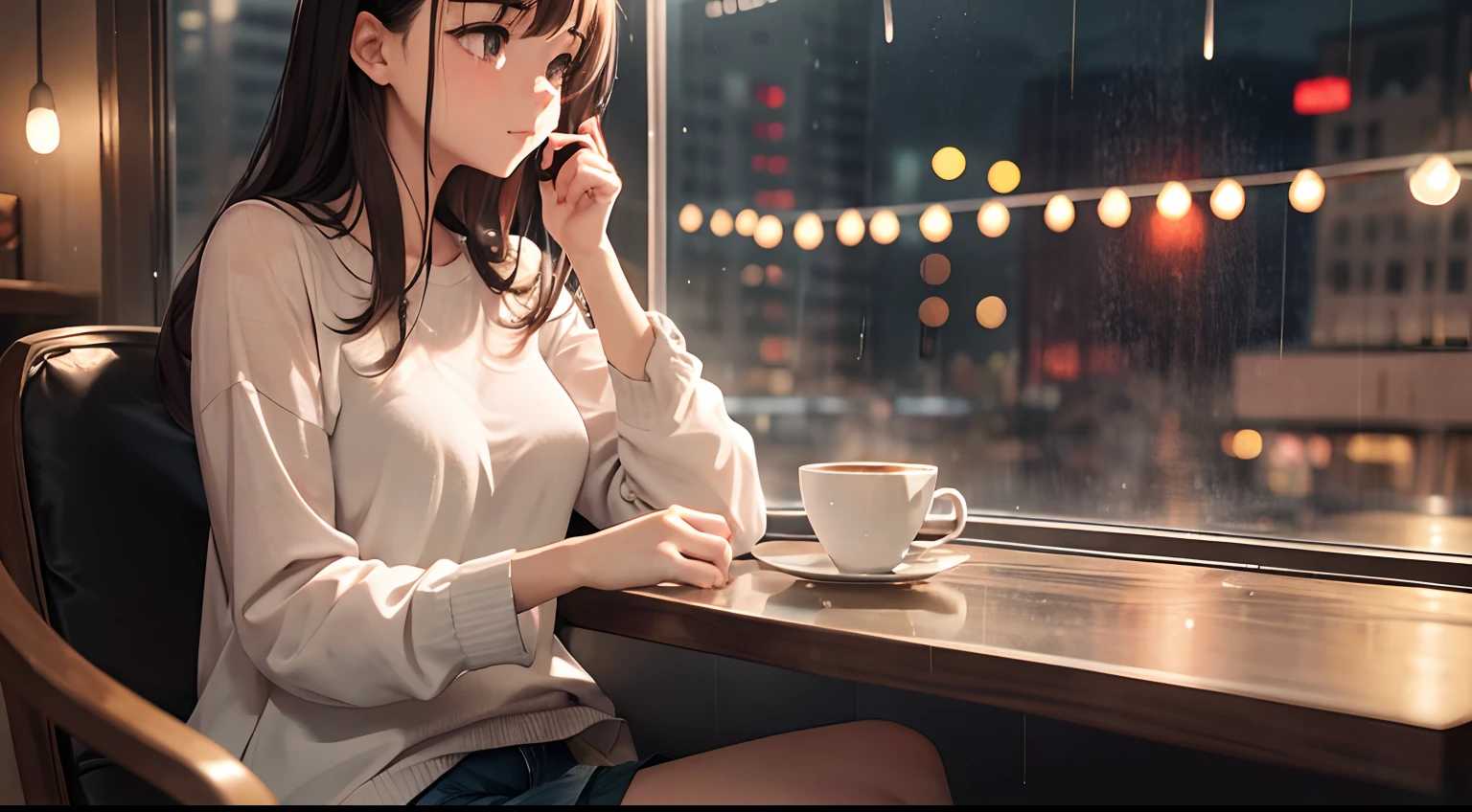 You're sitting in a cozy café in a rainy city, Ver las gotas de lluvia goteando por las ventanas y escuchar el relajante sonido de la lluvia cayendo. De repente, You notice a stranger sitting next to you, who begins to share stories about his life as the outward mood only becomes more intense. What does this person have to say and how do you react to it??? --auto --s2