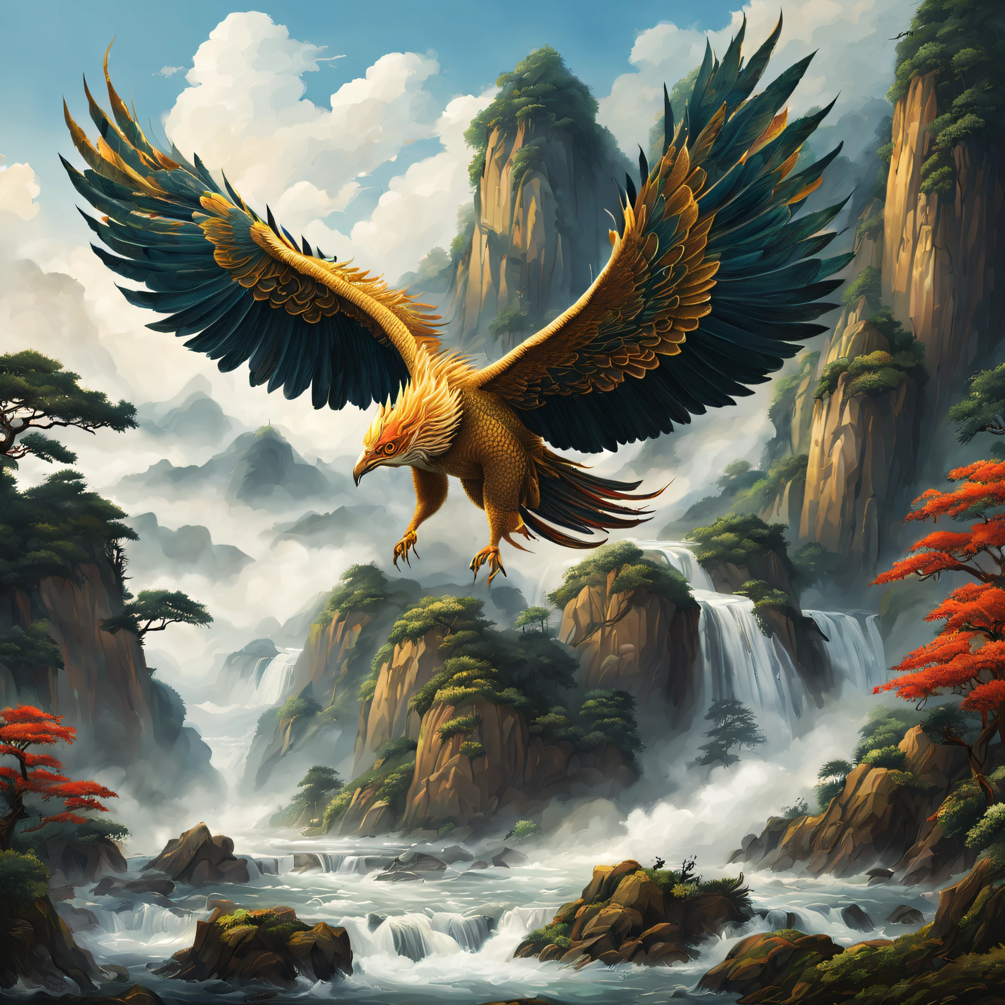 Mythical beast name: Kunpeng
Biological characteristics: Kunpeng is a massive bird-like beast, with a body size like a mountain peak and feathers shining with magnificent colors. It has two huge wings that can cover tens of thousands of kilometers, capable of blocking out the sun.
Source: "In the Great Wilderness North Scripture of Shan Hai Jing, there is a mountain called North Cabinet where the sea water flows in. There is a fish named Kun with a huge body, which can fly without wings and transform into a bird named Peng with wings as big as the sky, causing Heaven and Earth to collapse with its flap."
Cultural implication: In traditional culture, Kunpeng is regarded as a symbol of good omen, implying high aspirations and broad prospects. Kun's flight represents breaking through difficulties and pursuing freedom and ideals, with strong symbolic significance.
Image application: The image of Kunpeng is often applied to traditional architecture, crafts, and literary and artistic works, becoming a type of lucky pattern and shape.