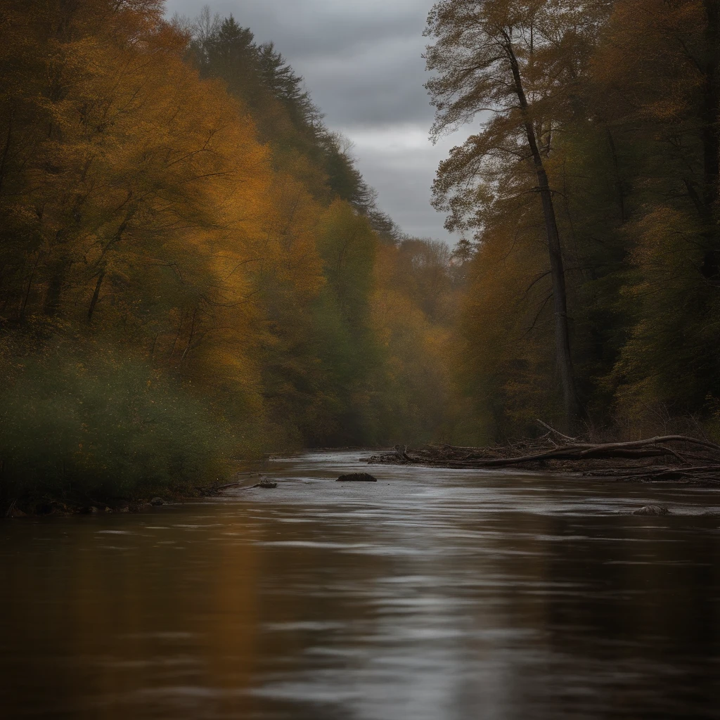 paysage foret nord americaine, courant d'eau, serre, chasseur