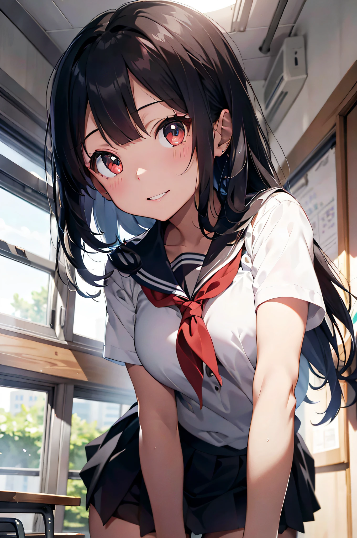 ((highest quality, 4k, masterpiece: 1.3)), (2 people: 1.4), 女の子2 people,((2 peopleで並んで立っている)), ((lift the skirt yourself)),((Nipples visible through clothes)),((covered erect nipples)), ((irritation)), ((made to laugh)), ((good eyes)),japanese woman, Beautiful big breasts Ideal beautiful breasts, ツンと上向きの美しいchest, Beautifully raised mons pubis,Normal pubic hair, 15 years old,photo sculpture, night, high contrast,Aperture F1.2, Focus distance 24mm, (whole body: 1.2), sensational, exquisite blush,Angel&#39;smile, squint slightly, Looking up from the front,exquisite sexy pose, you can see all her beautiful legs, ((Low - Angle)), Sailor suit with less wrinkles, Sailor uniform that is transparent in the backlight, sailor suit without buttons, Sailor uniform with a relaxed silhouette,  blue short skirt, No bra, ((white sailor collar)), ((白いchest当て)), ((Red Sailor Scarf)), ((リボンではないRed Sailor Scarf)), Stomach, chest, glimpse under, street, long black hair, ((white ponytail ribbon)), ((Long straight ponytail)), red eyes 