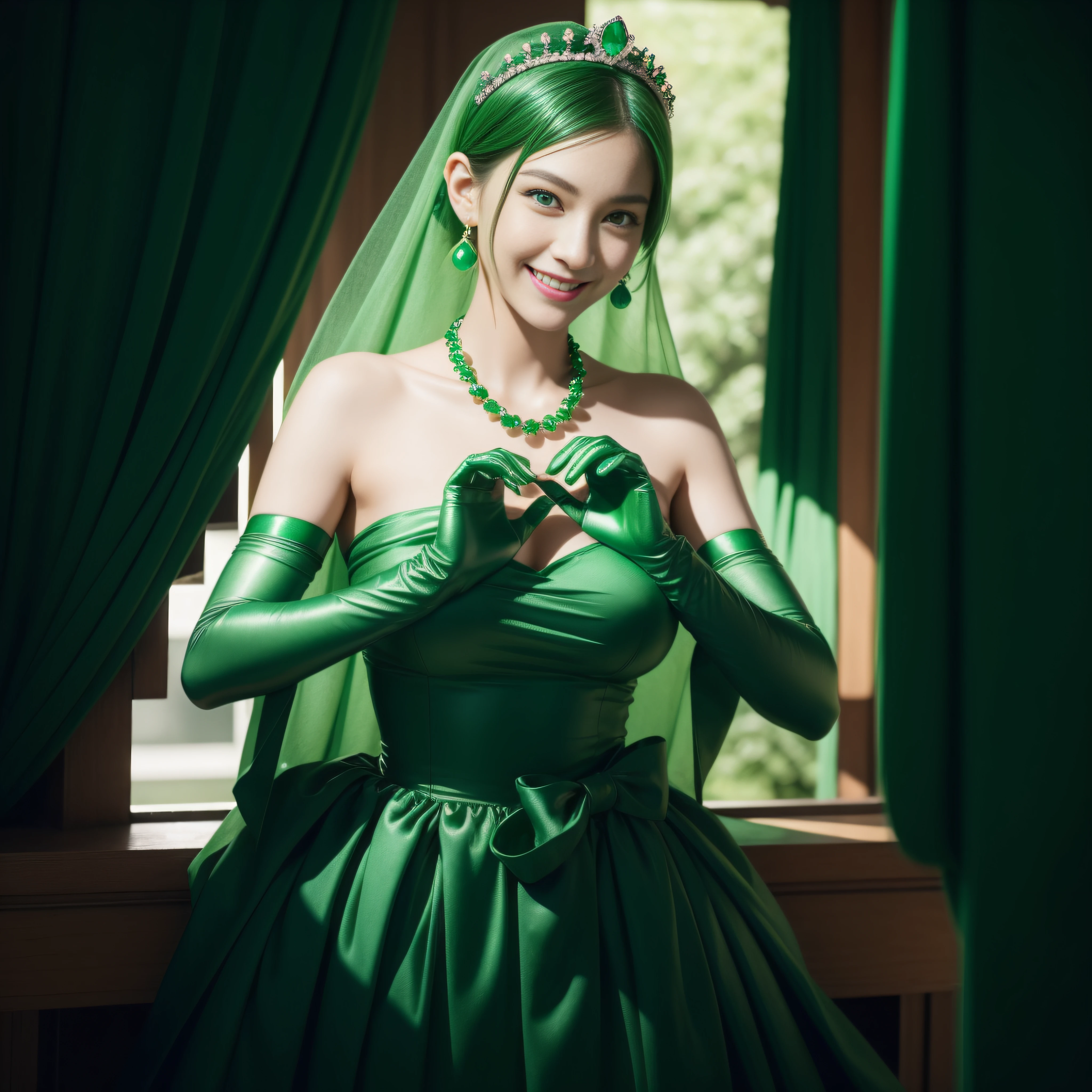 emerald tiara, Green Pearl Necklace, Boyish very short green hair, lipsticks, Japan woman smiling, very short short hair, big breasts beautiful, Green eyes, Long green gloves made of satin material, Green eyes, Emerald Earrings, green vale, Heart with both hands,Green hair