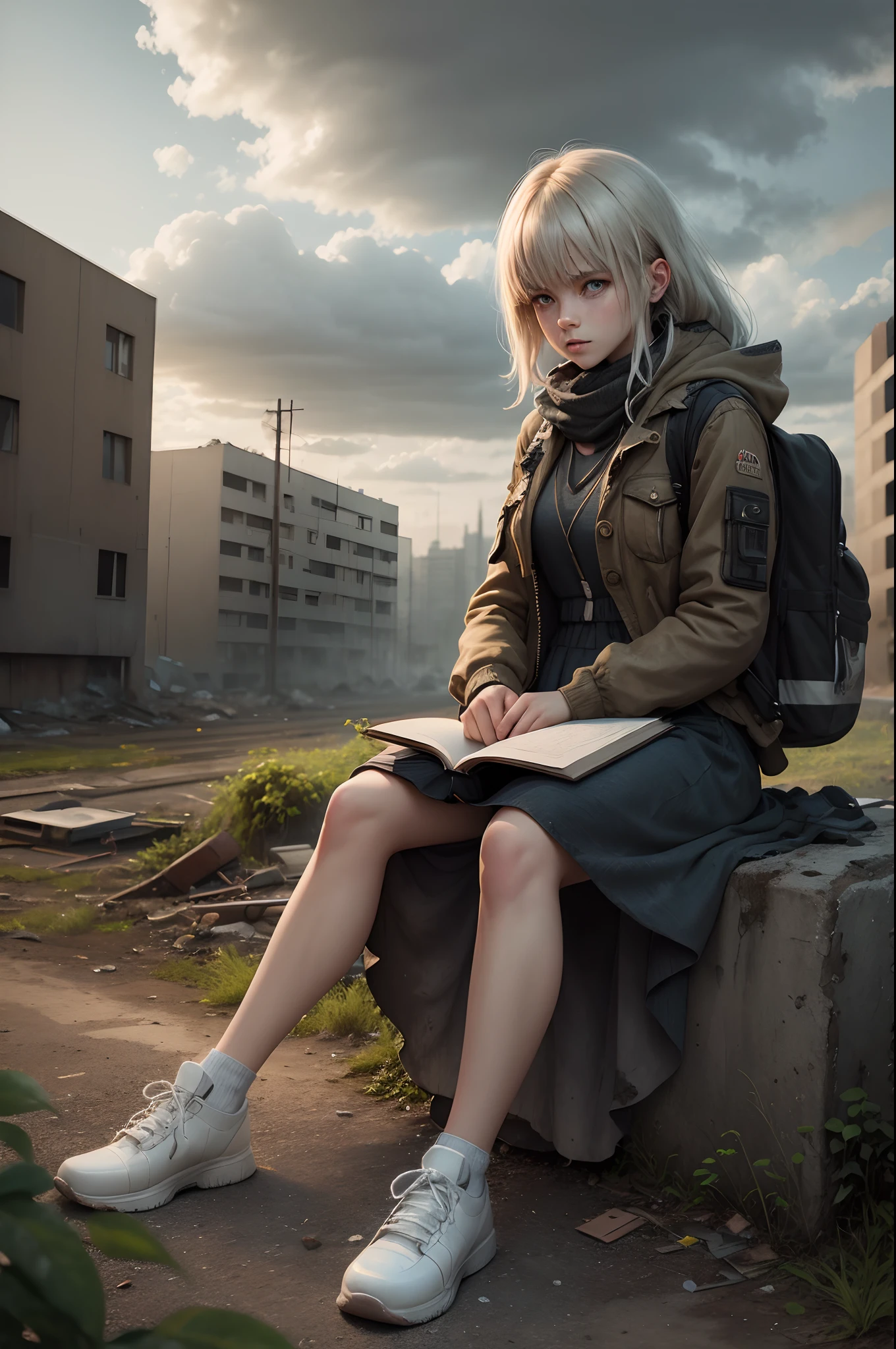 (best quality, ultra-detailed, realistic:1.37), HDR, (bokeh, sharp focus), (professional, vivid colors),(portrait),(dystopian, apocalyptic, post-apocalyptic),(girl),(dress),(sitting), (white shoes), (hair over eyes), (holding a book), (ruined street), (crumbling buildings), (overgrown vegetation), (damaged cars), (desolate atmosphere), (ominous sky), (dust particles), (loneliness),(mystery)