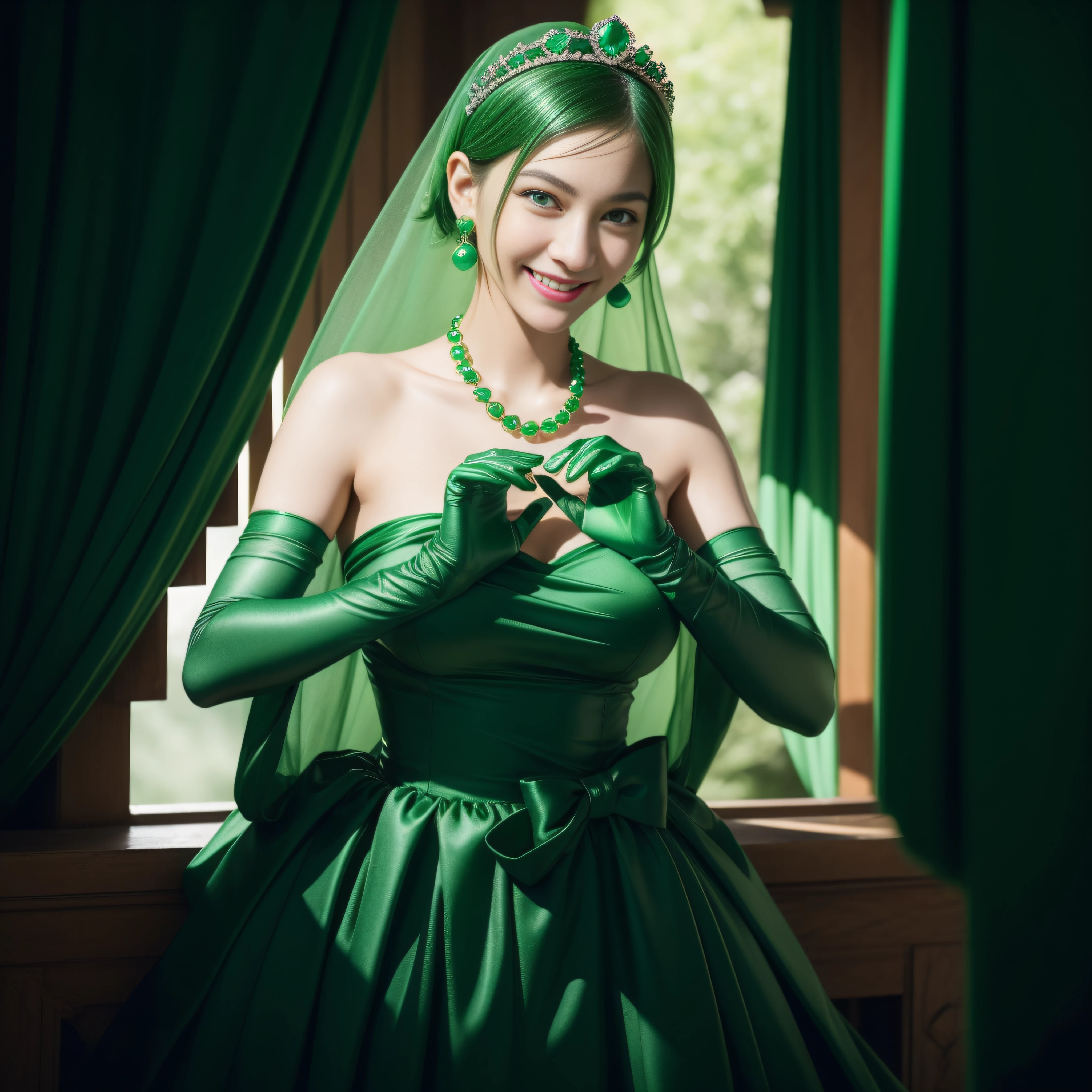 emerald tiara, Green Pearl Necklace, Boyish very short black hair, lipsticks, Japan woman smiling, very short short hair, fist, big breasts beautiful, Green eyes, Long green gloves made of satin material, Green eyes, Emerald Earrings