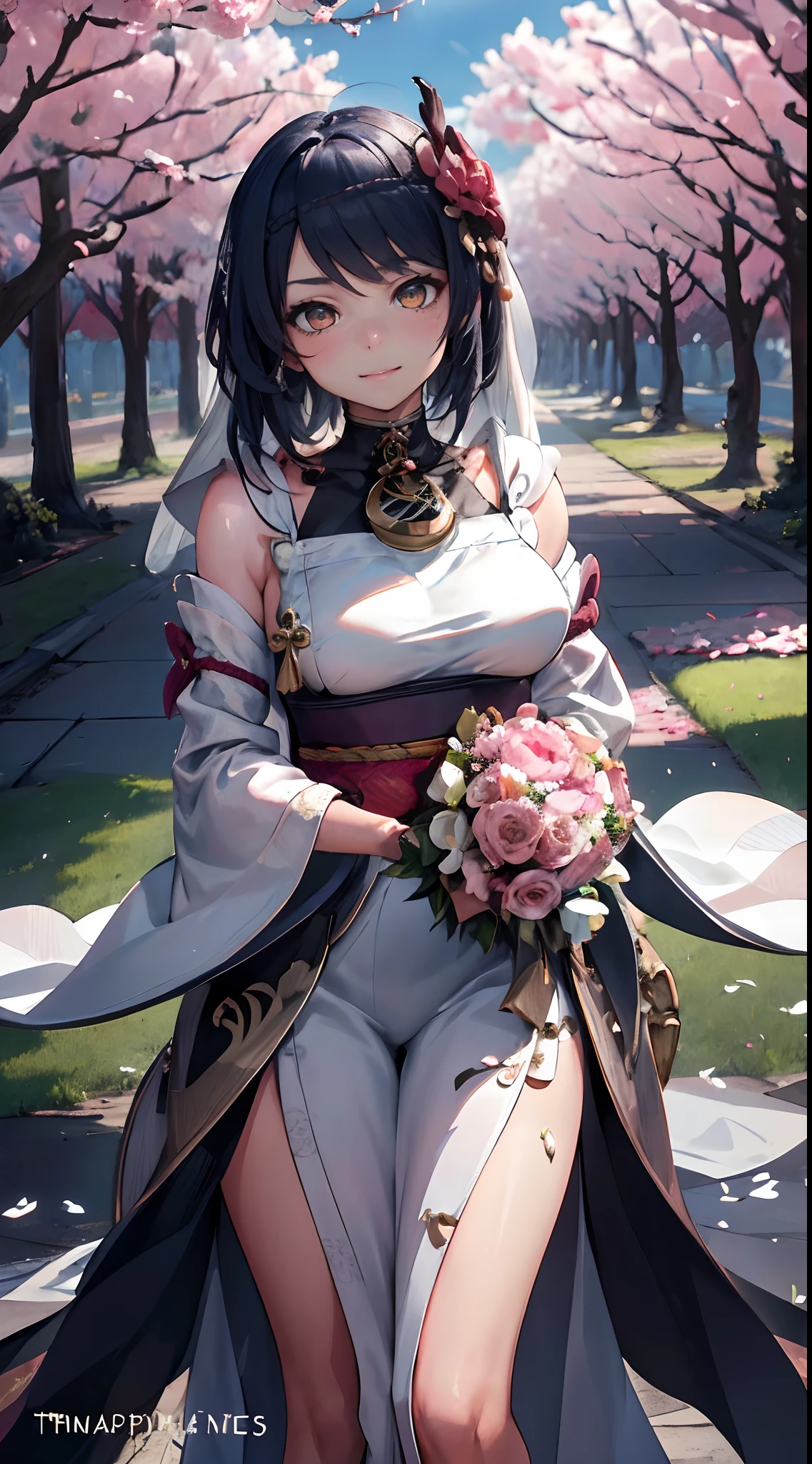 Kujou Sara | genshin impact, master-piece, bestquality, 1girls,25 years old, proportional body, proportional., Wedding Dresses, White Wedding Dress, Long skirt, wedding, ,bara, Standing in the middle of a flower garden, outdoor, wedding, The sky is beautiful, In a paradise of love and happiness......................................, The bride wears a Japanese dress and a seductive smile......................................, The passage of time stops at theirs......................................, On this wedding day of love and happiness......................................, Bright and beautiful flowers, Holding it in her hands symbolizes the envelopment of love......................................, Love and friendship through the transmission of flowers, In a paradise of love and happiness......................................, A bride in a yukata wearing a masika......................................, It is a form of beauty and elegance......................................, Show your spouse your heart....................................., In a paradise of love and happiness......................................, Kochikugisa is the tree of new beginnings......................................, And their love and affection..................................., And suck a lot of love......................................, Flowers represent love and peace......................................, In a paradise of love and happiness......................................, View viewers from the front., Thigh strap, Head tilt, bored, 10, 10, HD, slight smile,