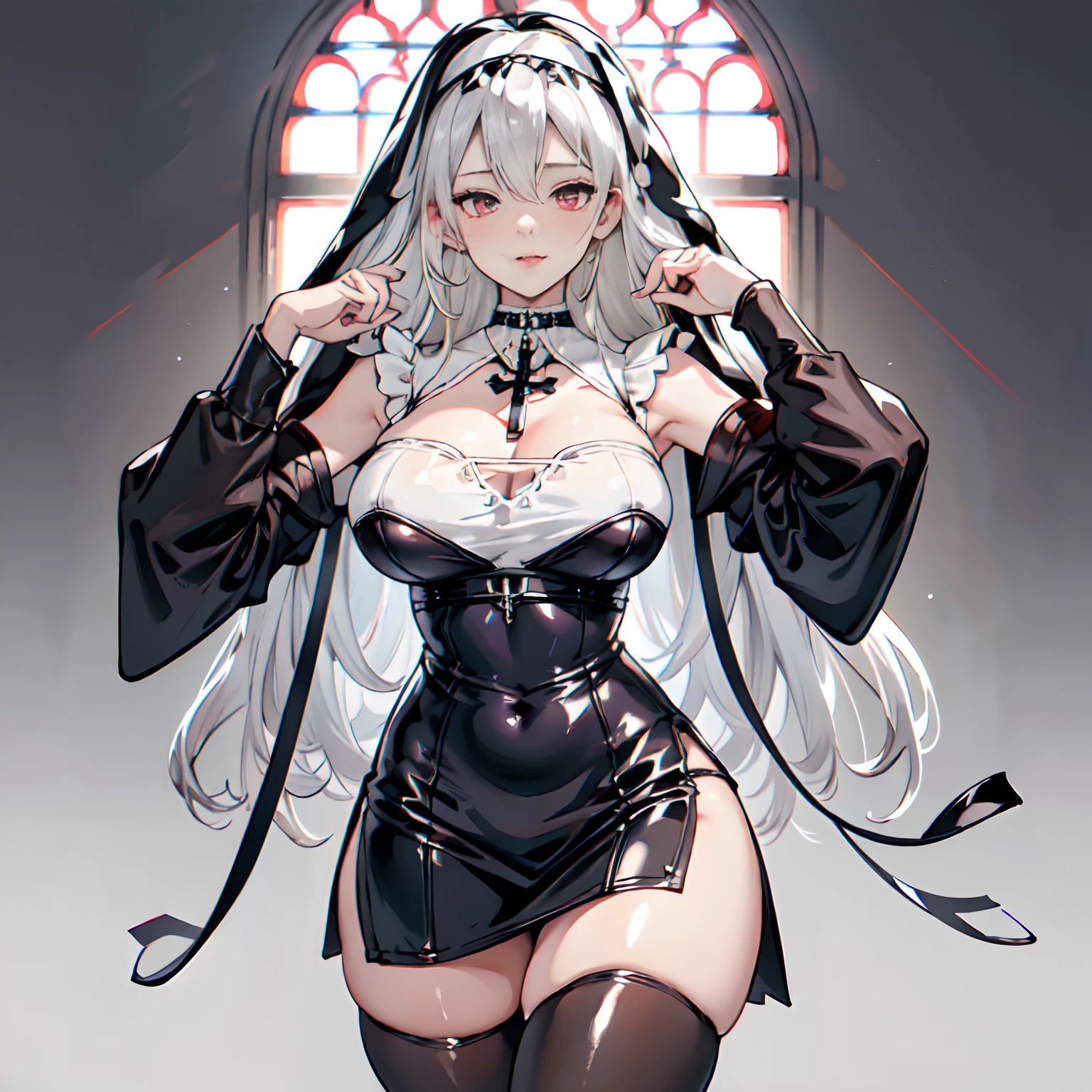 1girl，black latex miniskirt，cleavage，crosses，Cross necklace，obsolete，shift dresses，habit，white hair，choker necklace，lewd nun，combats，Separate lips，独奏，Wavy hair，chies，（Realistis），（Hot body），high detail，（shiny skins：1.16），（ cleavage breasts）， cleavage breasts，potruding nipple，（ materpiece:1.4),(best quality:1.4)，tmasterpiece， High- sharpness， high high quality， Detailed face， detailed body render，Sleeveless shirt， Fishing net clothing， Dark lips， Eyes rolled up，Mouth open，The tongue is pulled out