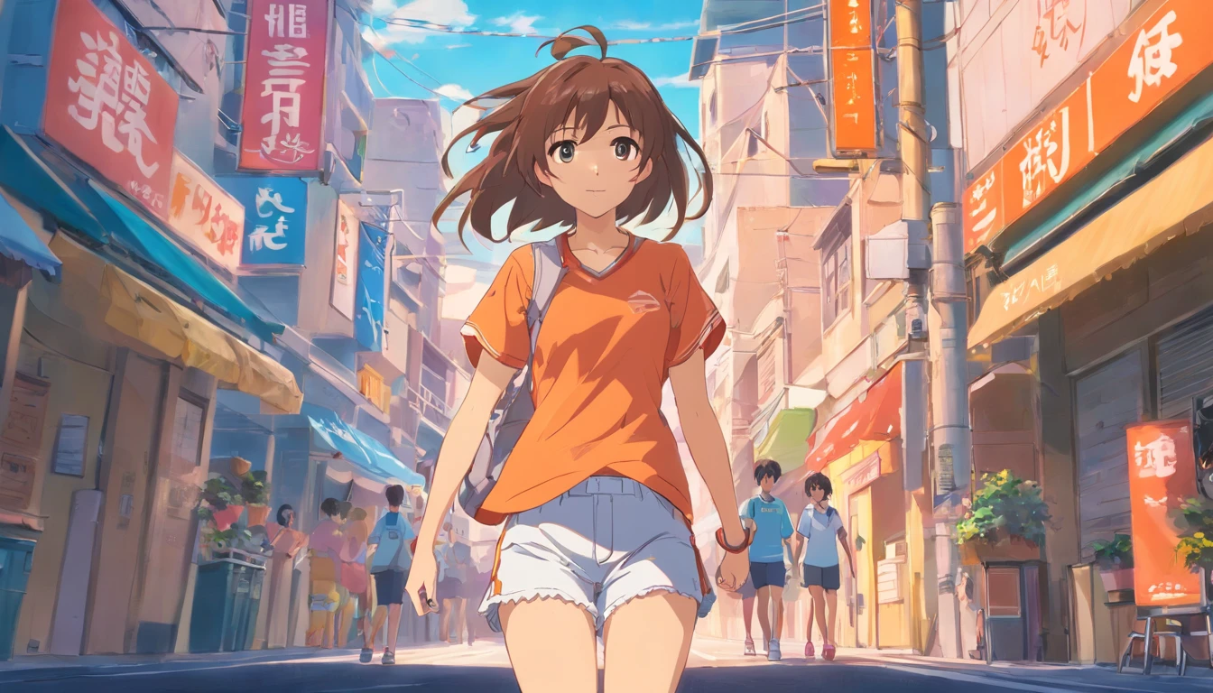 Mulher jovem de 19 anos, pele macia e lisa de cabelos curtos rosa com franja em uma das metades de seu cabelo usando camisa branca com algumas listras ciano meio escuro, Beige shorts and cute-looking orange sneakers