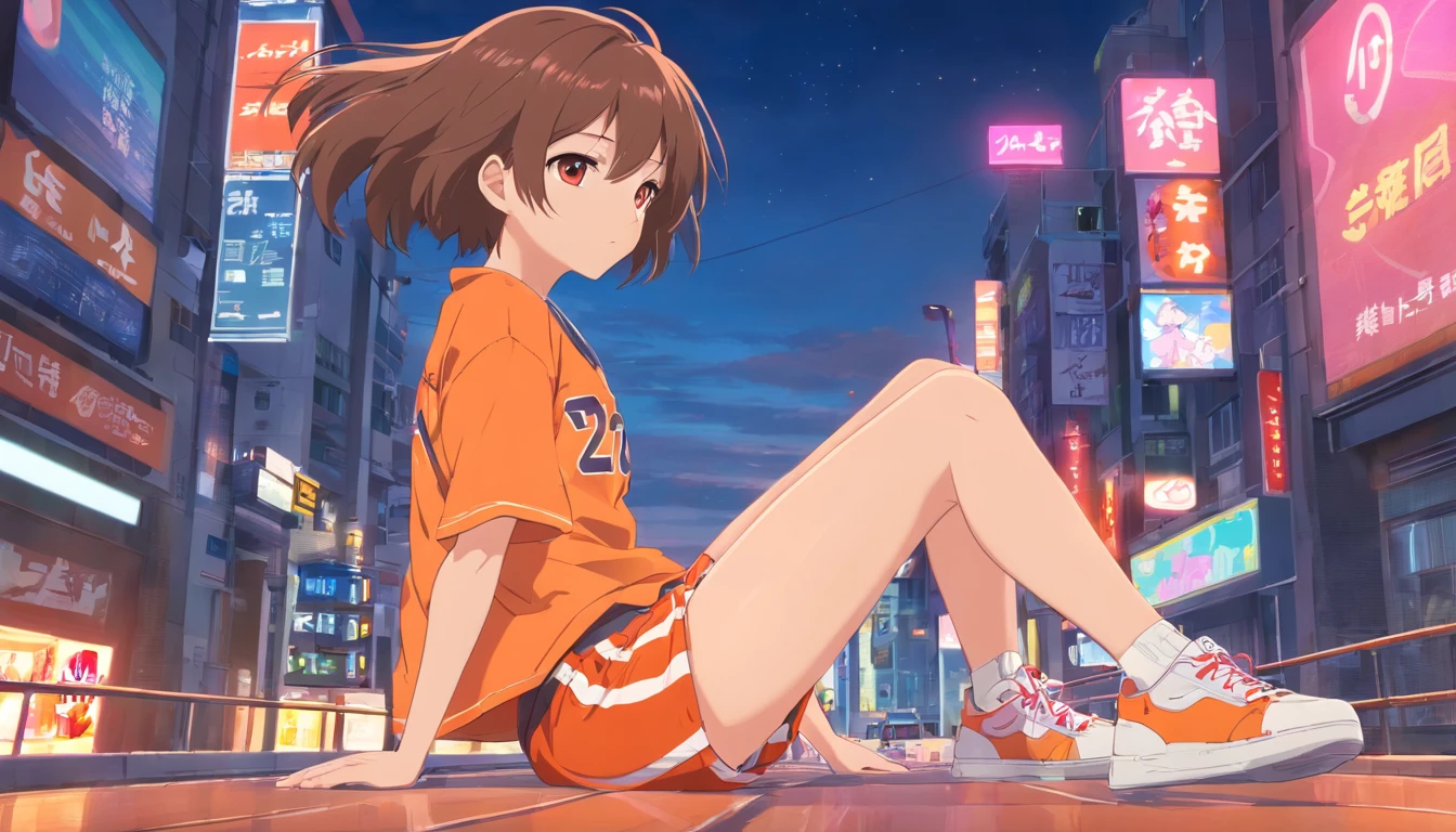 Mulher jovem de 19 anos, pele macia e lisa de cabelos curtos rosa com franja em uma das metades de seu cabelo usando camisa branca com algumas listras ciano meio escuro, Beige shorts and cute-looking orange sneakers