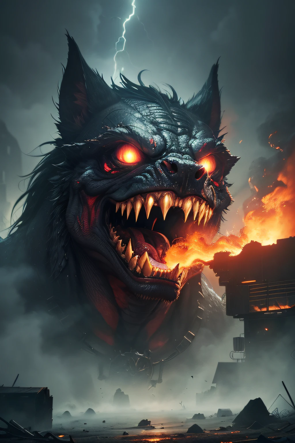 (Best Quality,Realistic:1.37),tv set, Monster from TV,animal,fire,teeth,steam,Smoke,detailed textures,studio lightning,Vivid colors,sharp-focus,Horror,Concept art,Incendiary atmosphere,A sinister presence,Terrifying Aesthetics,Ferocious appearance