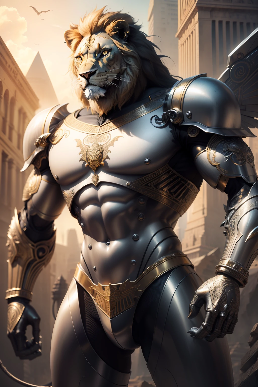 Lions have wings made of metal.., (Cyborg lion:1.1), ([tail|Wire Details]:1.3),Pyramids, (intricate detailed), HDR, (intricate detailed, hyperdetailed:1.2),