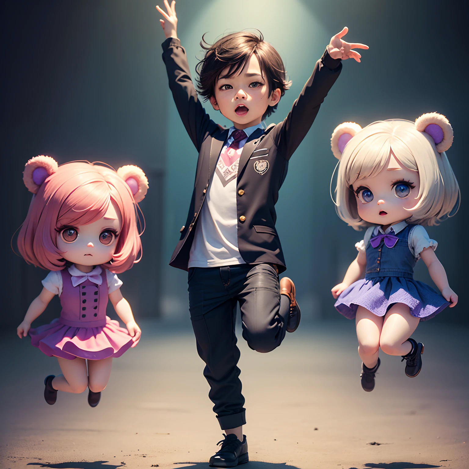 masterpiece、top-quality、ultra-detailliert、(Chibi Purple Bear Man:1.2)Cute charming chibi animation with bear-like face、(Chibi 3D): 1.3,(A detailed face:1.2),(Standing posture:1.1),Randomly generated backgrounds,Jumping