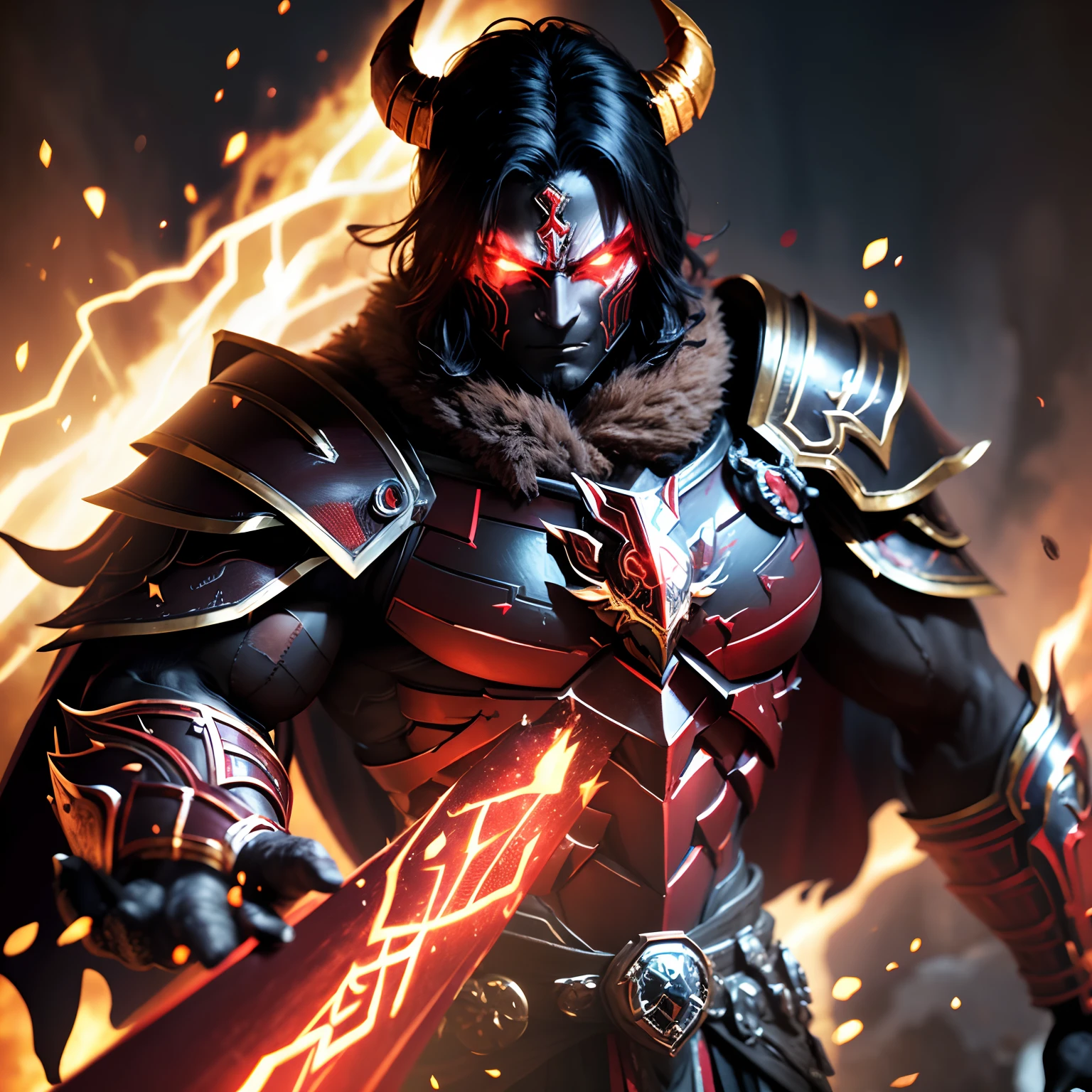 demon spartan muscle warrior in black fire magic armor red and , magic face armor red runes, ancient wizard use, golden and red cape, sharp lenses, professional photography, 70mm lenses, love for details, good quality, unreal engine 5, wallpaper, colorful, highly detailed , 8k, soft light, photo realistic