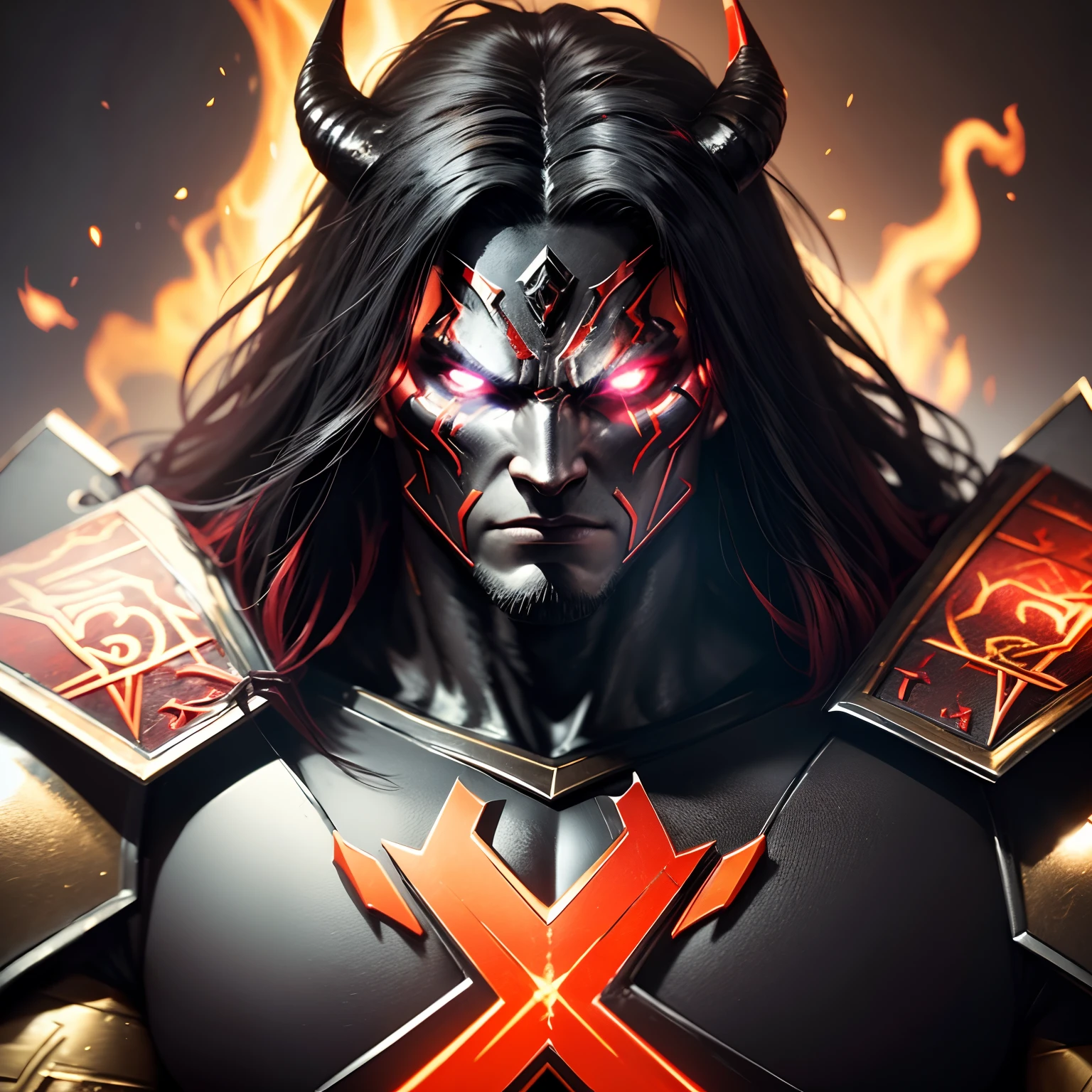 demon spartan muscle warrior in black fire magic armor red and , magic face armor red runes, ancient wizard use, golden and red cape, sharp lenses, professional photography, 70mm lenses, love for details, good quality, unreal engine 5, wallpaper, colorful, highly detailed , 8k, soft light, photo realistic
