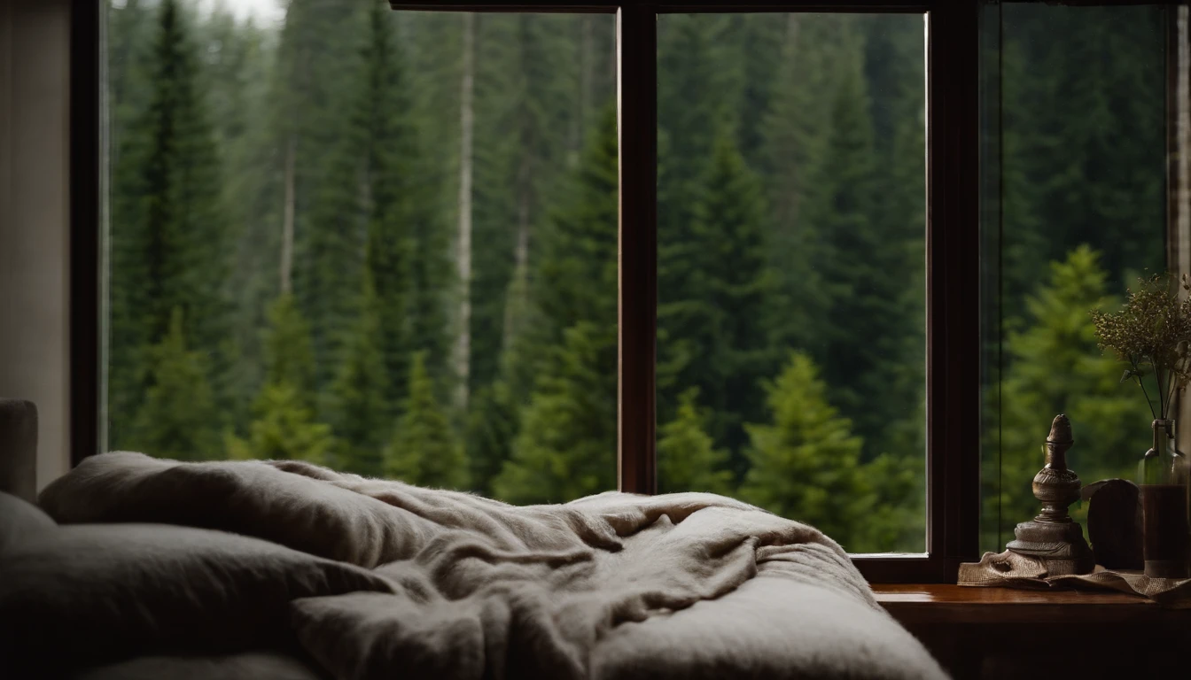 (masterpiece, bestquality),cozy Bedroom with Pine Forest View,Outside the window,It's raining,Fog,candle lit,bed, forests,warm,