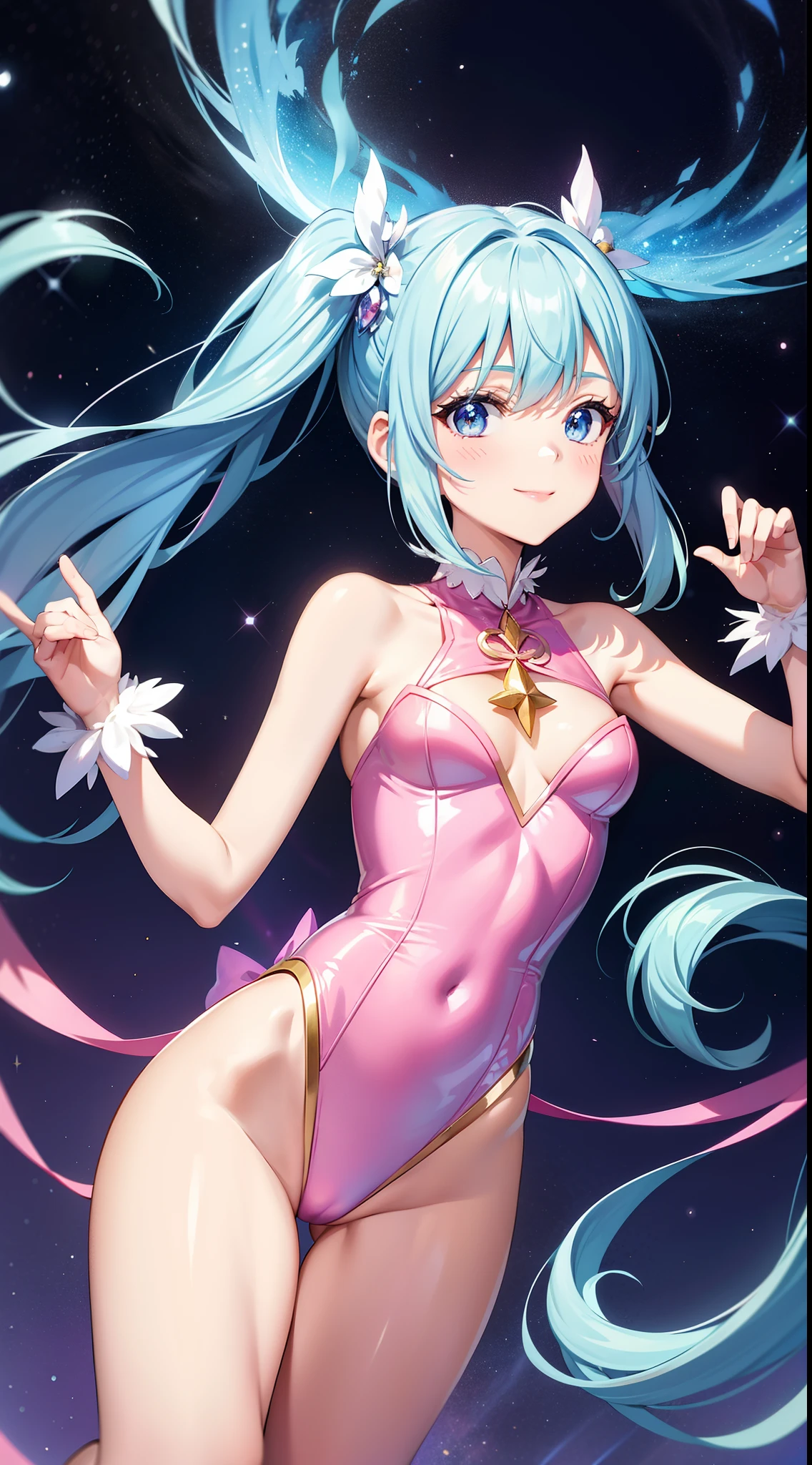 Super Idol a beauty girl A charming smile sky blue hair length hair Twin-tailed skinny Sparkly pink and white leotard facing front Mystical Fantasia constellation a moon Crystal Brilliance Aurora Borealis in the Night Sky