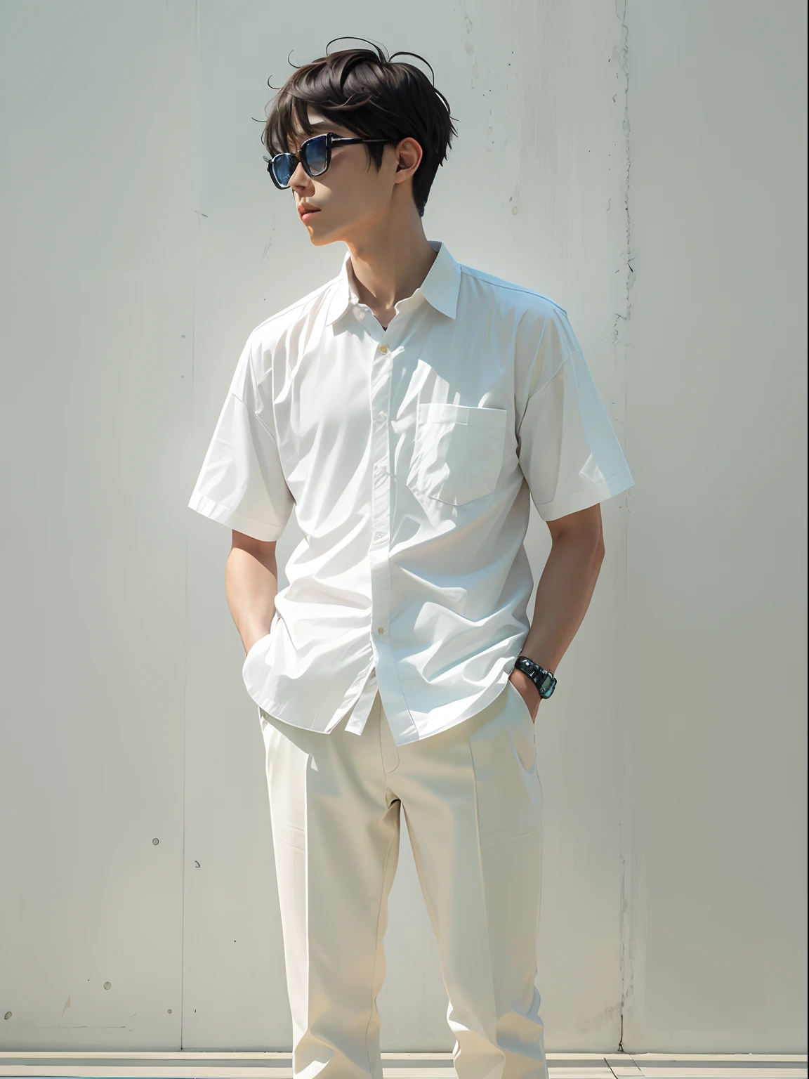 One man、Allback、Lunette de soleil、White cutter shirt、hight resolution、