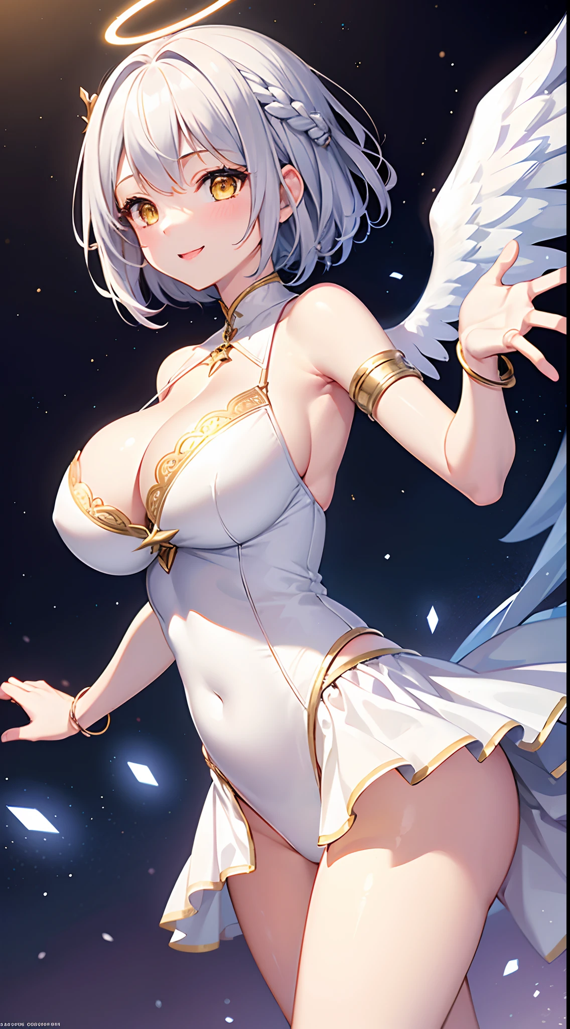 1 girl, game CG, 1 girl, game CG, white leotard, cleavage visible, angel halo, angel wings, bangles, gigantic breasts, silver hair, short hair, french braid, yellow eyes, stars, night, smile, dynamic,