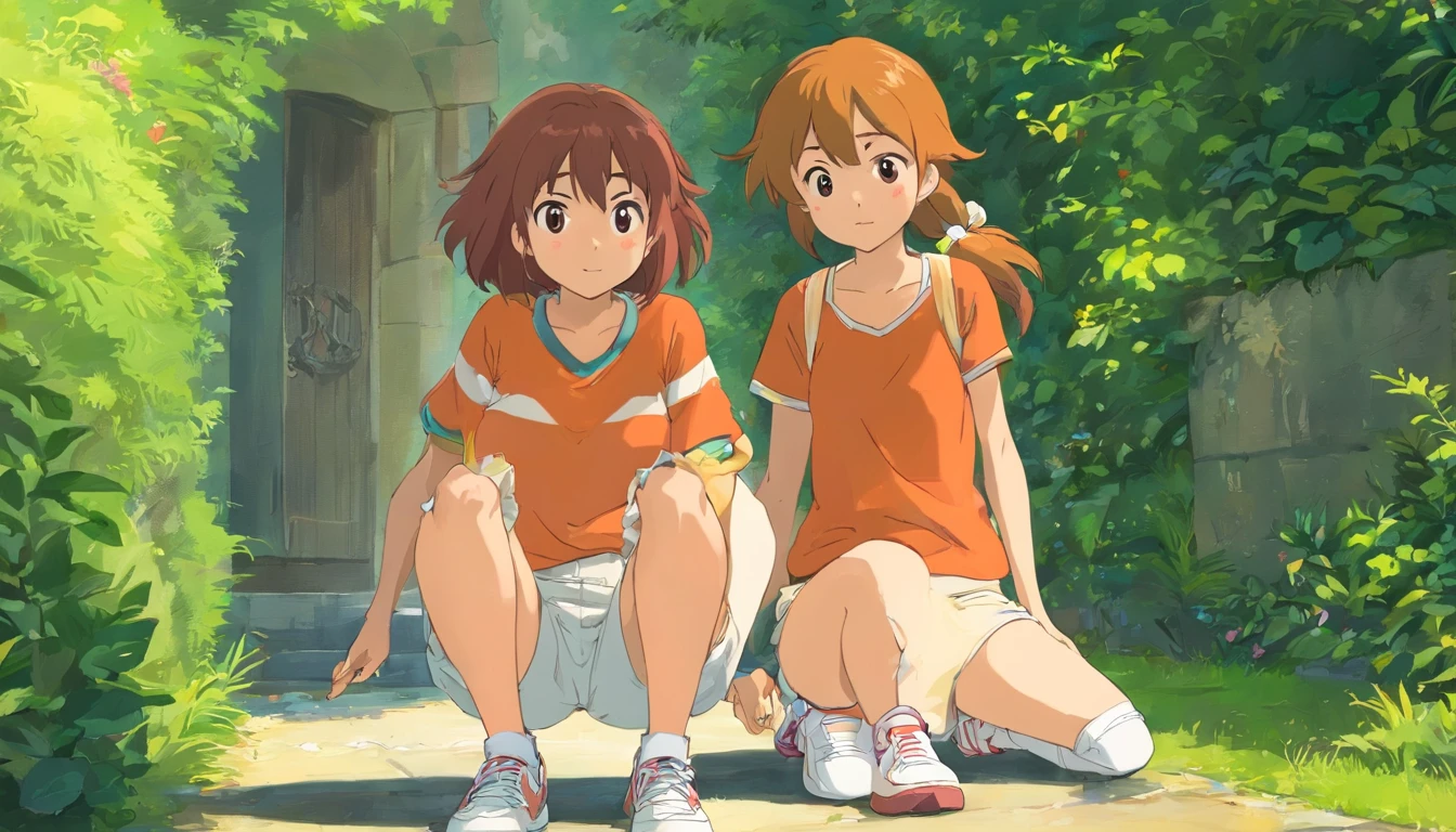 Mulher jovem de 19 anos, pele macia e lisa de cabelos curtos rosa com franja em uma das metades de seu cabelo usando camisa branca com algumas listras ciano meio escuro, Beige shorts and cute-looking orange sneakers