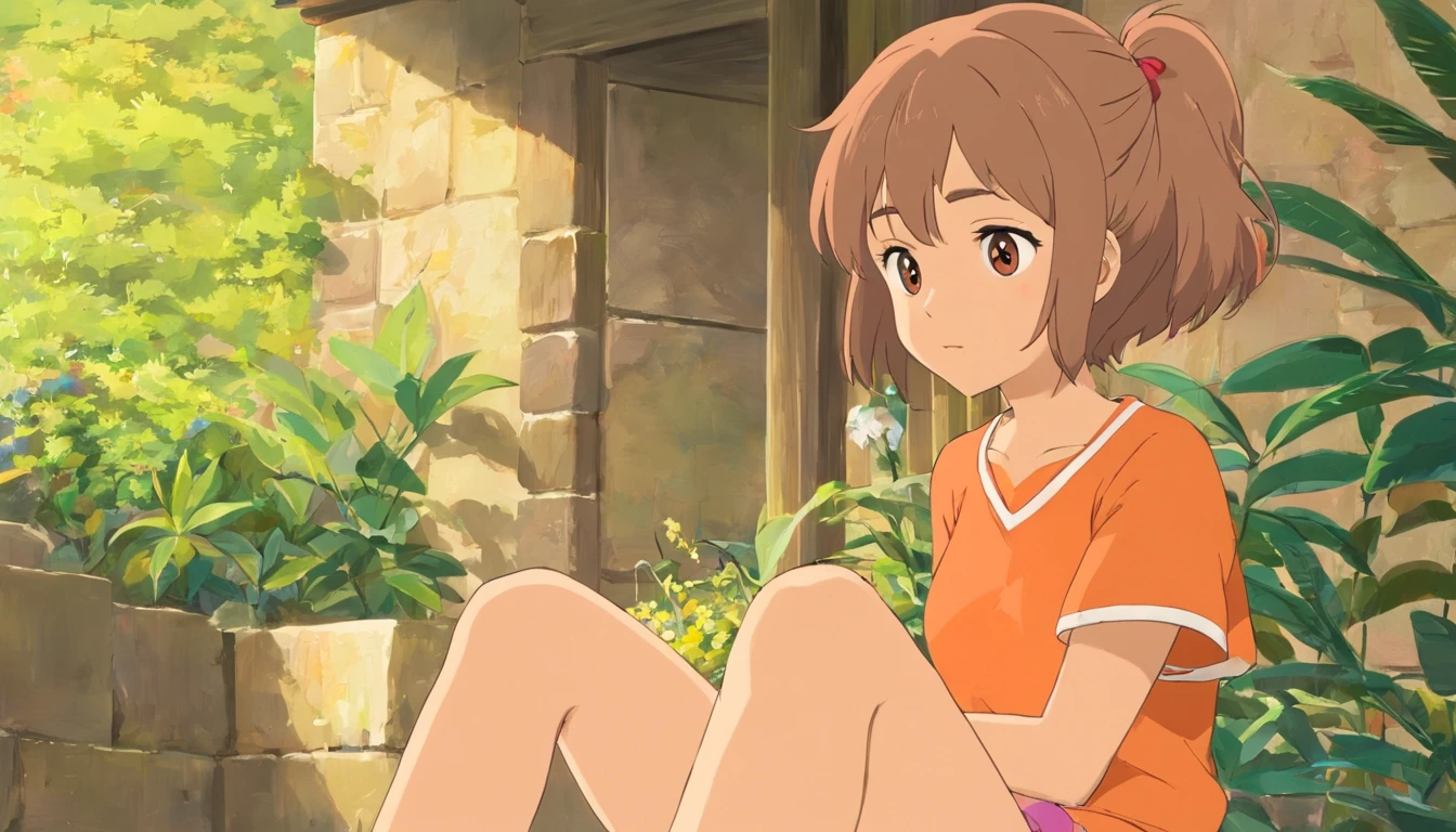Mulher jovem de 19 anos, pele macia e lisa de cabelos curtos rosa com franja em uma das metades de seu cabelo usando camisa branca com algumas listras ciano meio escuro, Beige shorts and cute-looking orange sneakers