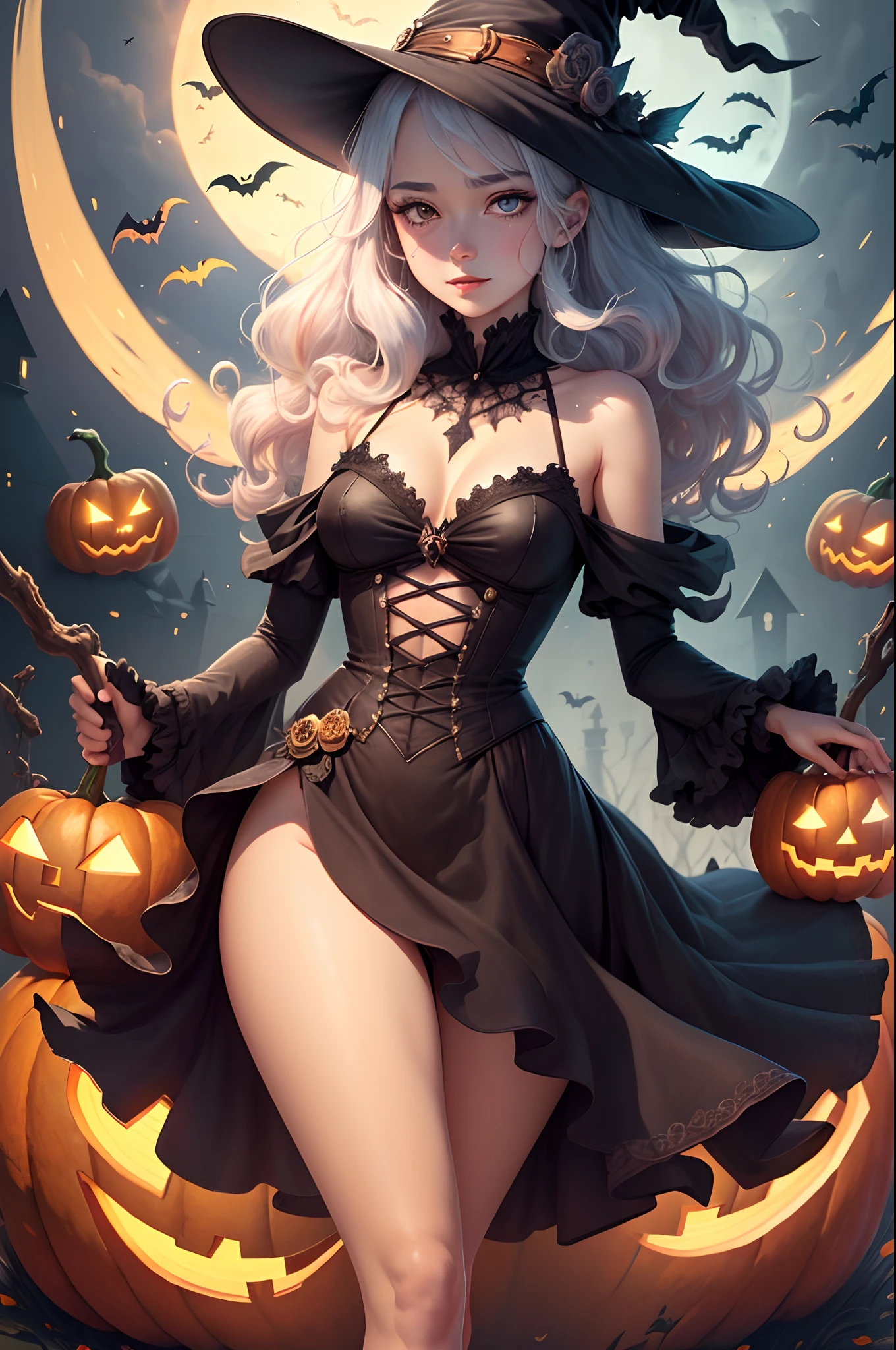 Animation, illustration, Halloween, every day shining with positive energy, sparkling, shining, clear beautiful eyes, pretty girl, colorful hair, cute witch, super detailed, high quality, perfect details