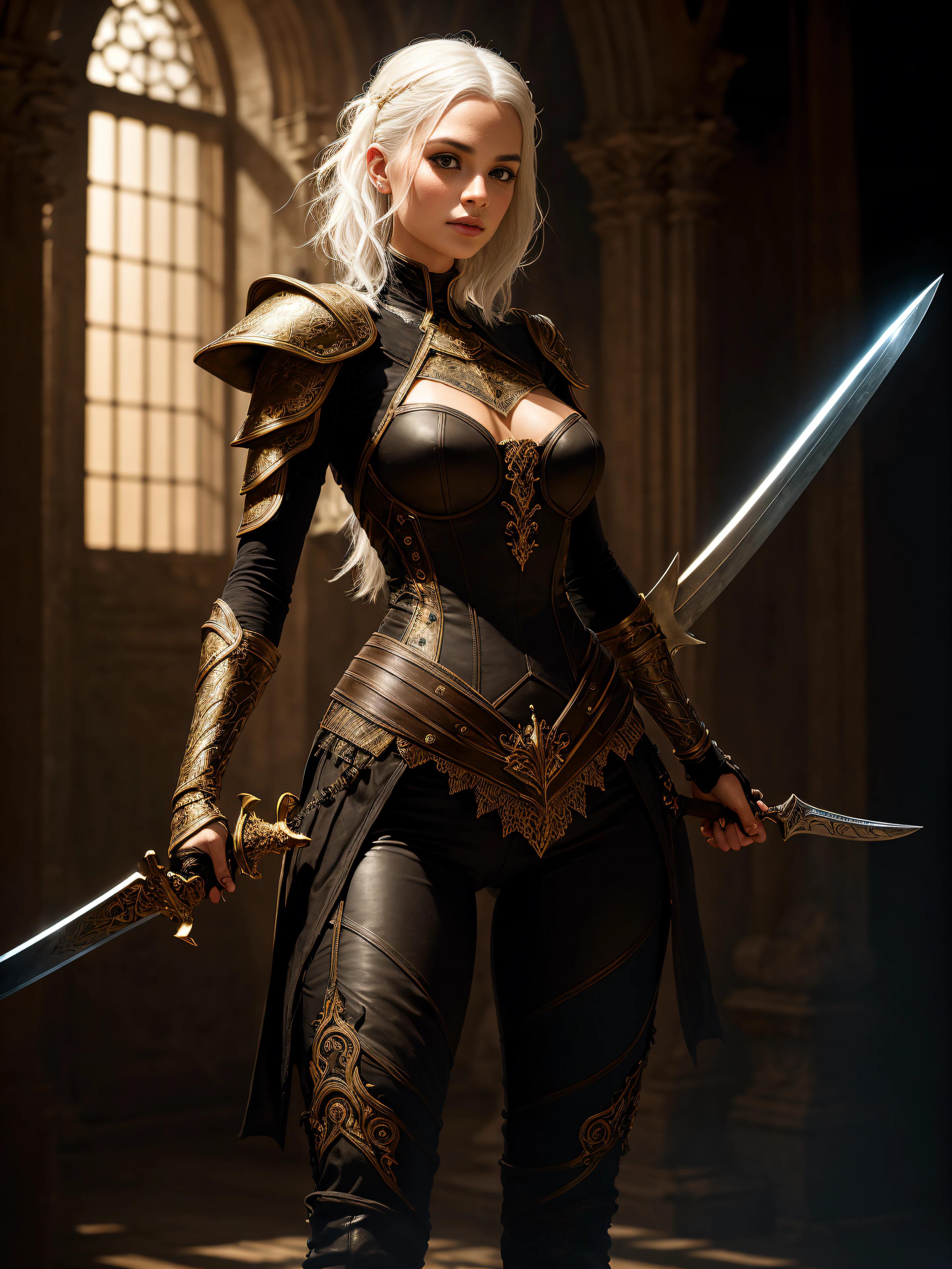 25-year-old girl with white hair, Holding the sword in front of me, relying on it, Standing in a fighting posture, Photo below [ thigh gap [ camel toe : ] : 0.4], dark fantasy style art, dark fantasy mixed with realism, gothic fantasy art, Rich, Deep Colours, (intricate details:0.9), (HDR, hyper-detailing:1.2), (natural skin textures, hyper realisitc, soft light, Sharp)