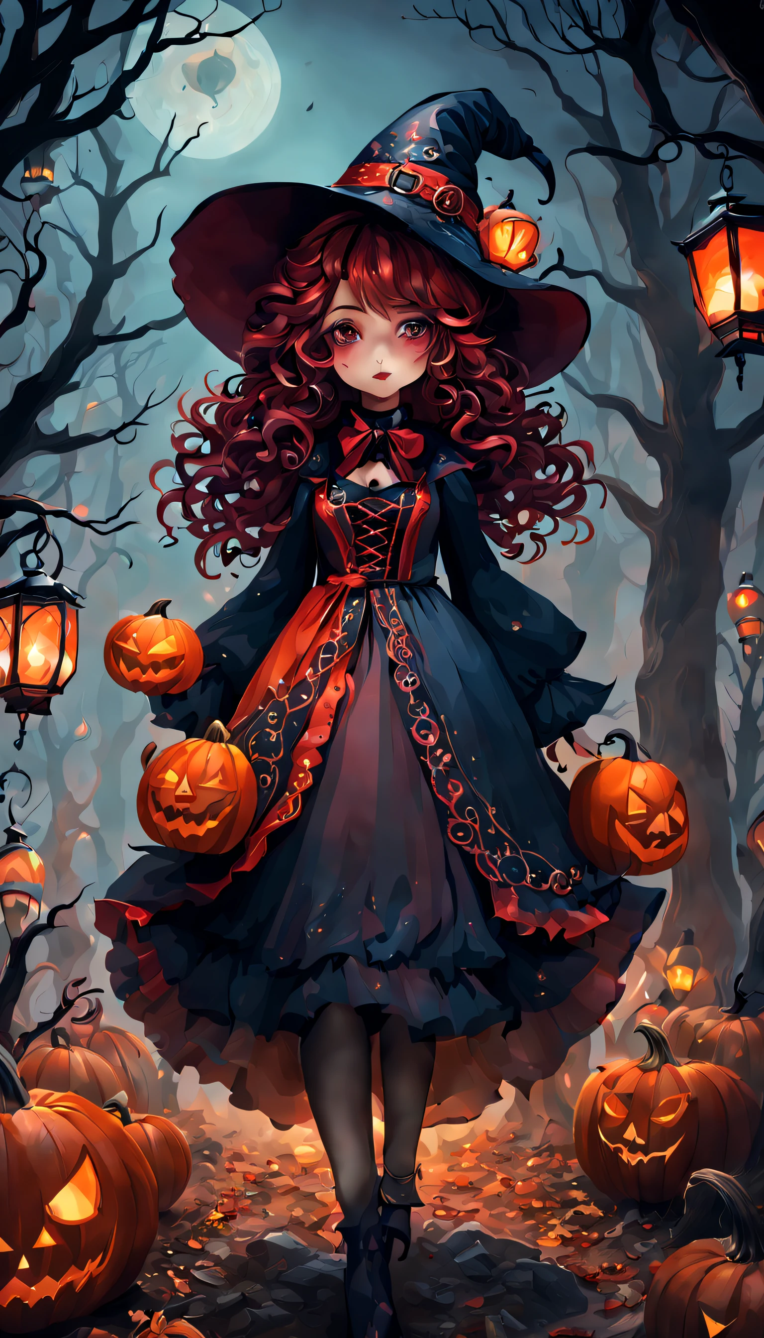 Fashionable cute witch, witch hat, red creative witch clothes, curly hair, helloween-themed pumkins, lanterns, dark midnight, low lighting, fog, dead tree, whimsical,dark fantasy, mysterious,dreamy, vivid, creative, hyperdetailed, highres