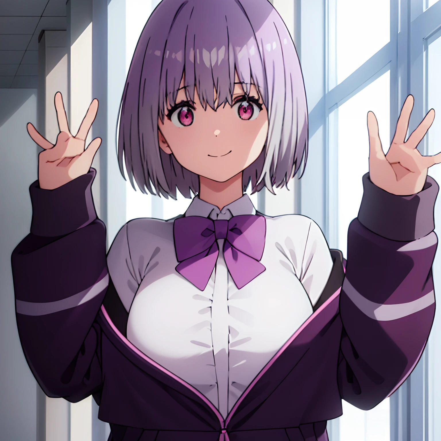 upper body, huge tits, (solo), akane, light purple hair, pink eyes, short hair, black pantyhose, bow, collared shirt, hood, hooded jacket, open clothes, open shirt, pantyhose, purple bow, purple jacket, school uniform, shirt, white shirt, (close up), smile, random pose,