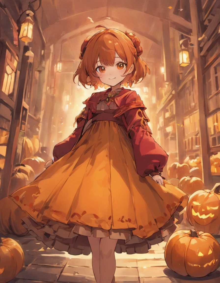 Costume planning theme autumn warmth in reds and browns, Style: rural lolita, Old money style, Reference brand TEME 2023. Moya Seoul 2023 colours: red, Amber, brown, Orange-yellow details: maroon short cape, maroon pleated dress, Full body front design, brown short hair, messy hair, golden eyes, shy, cute pose, holding pumpkin, autumn, smile