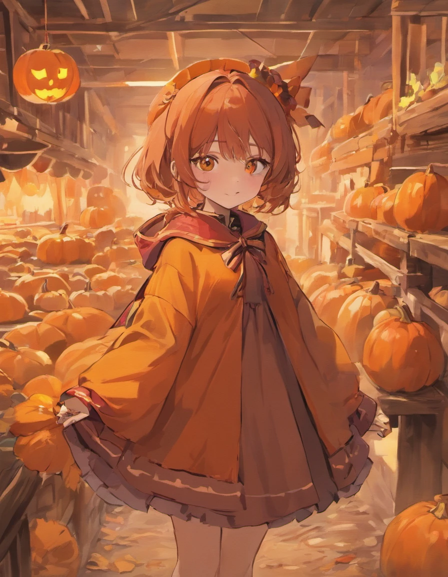 Costume planning theme autumn warmth in reds and browns, Style: rural ta, Old money style, Reference brand TEME 2023. Moya Seoul 2023 colours: red, Amber, brown, Orange-yellow details: maroon short cape, maroon pleated dress, Full body front design, brown short hair, messy hair, golden eyes, shy, cute pose, holding pumpkin, autumn, smile