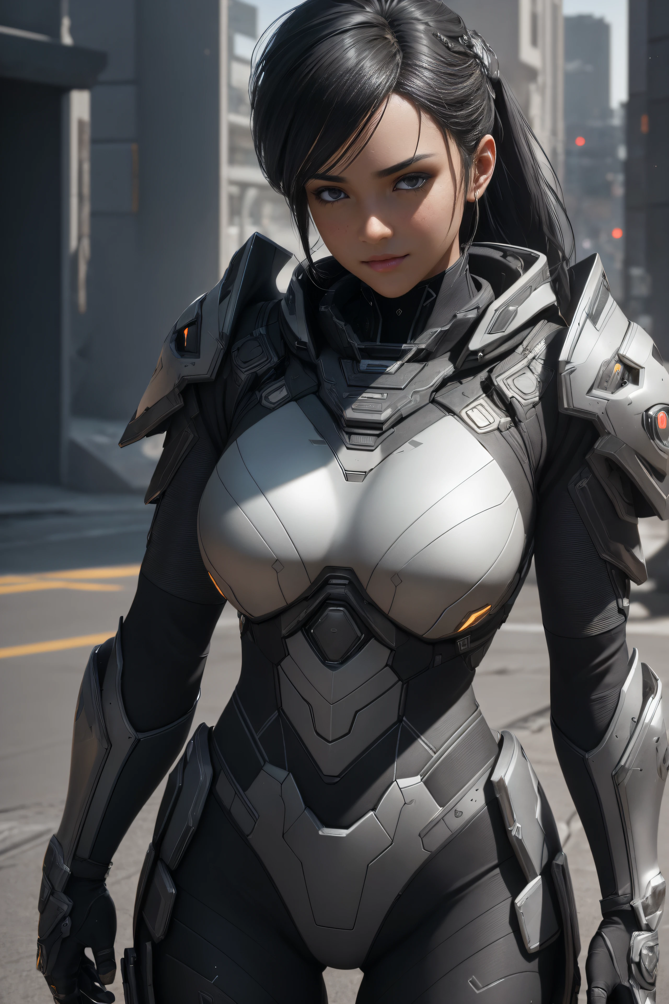 ((Best Quality)), ((Masterpiece)), (Detailed:1.4), ....3d, Image of a beautiful cyberpunk woman in black armor,HDR (High Dynamic Range),Ray Tracing,NVIDIA RTX,extra high resolution,Unreal 5,sub-surface Scattering,PBR Texturing,postprocessed,Anisotropic filtering,Depth of field,Maximum clarity and sharpness,Multi-layer Textures,Albedo and specular maps,Surface shading,Accurate Light-Material Interaction Simulation,Perfectly proportioned,Octane Render,duotone lighting,Wide aperture,Low ISO,White balance,the rule of thirds,8K RAW