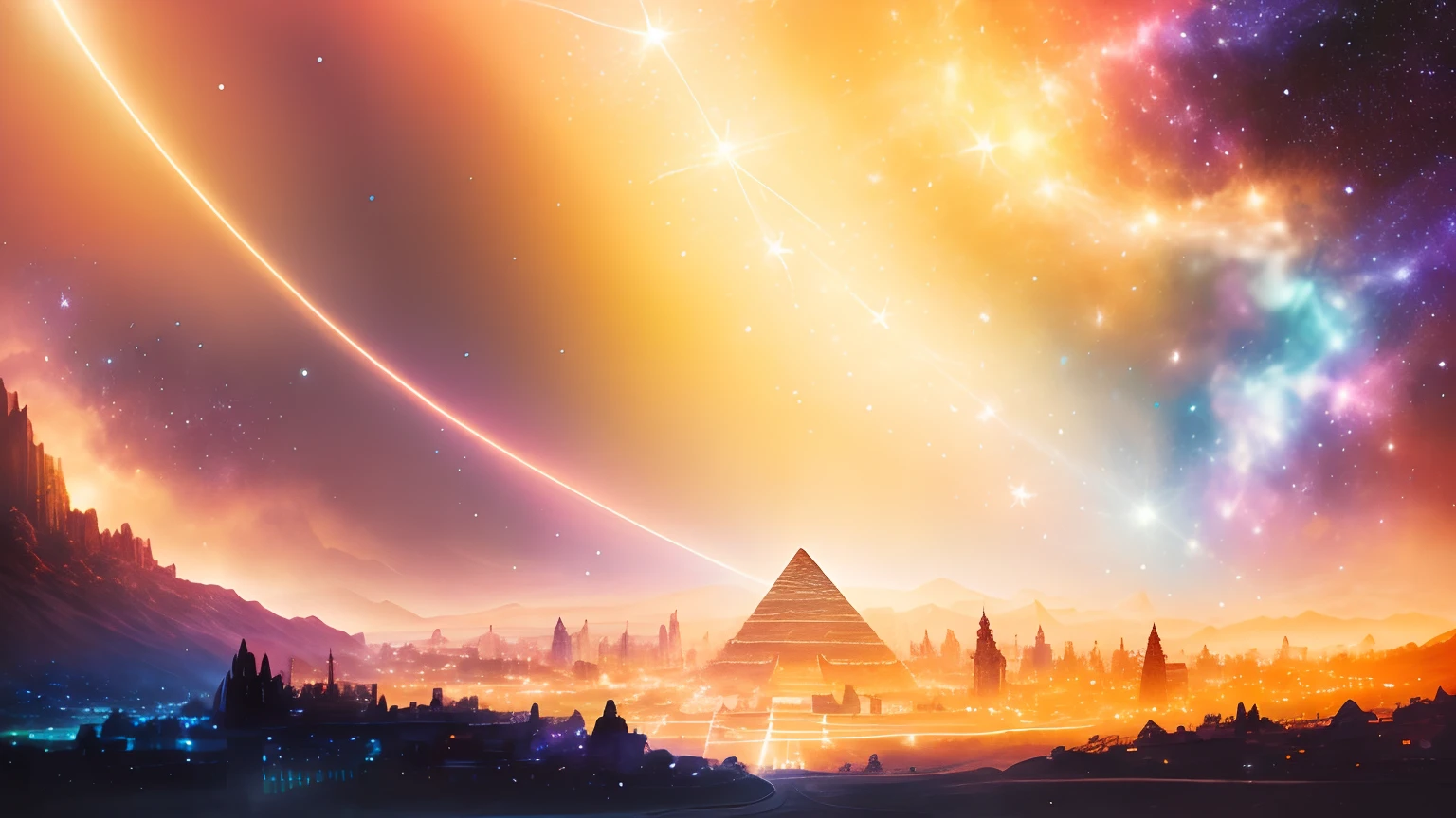Masterpiece, best quality, very detailed colorful galaxy full of stars and lights. Silhouettes of ancient cities with pyramids are inside of it