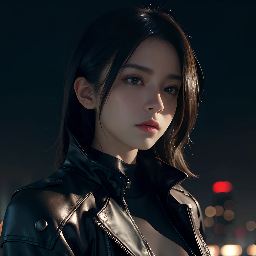 Hyper realistic, Lifelike texture, Dramatic Lighting, (Best Quality:1.1), depth of fields, during night, in a futuristic cyberpunk city, nffsw, Shallow depth of field, Broad light, High contrast, Backlighting, bloom, light glow, chromatic abberation, Sharp Focus, Futuristic clothes, Leather jacket, beauty512, Inchu,