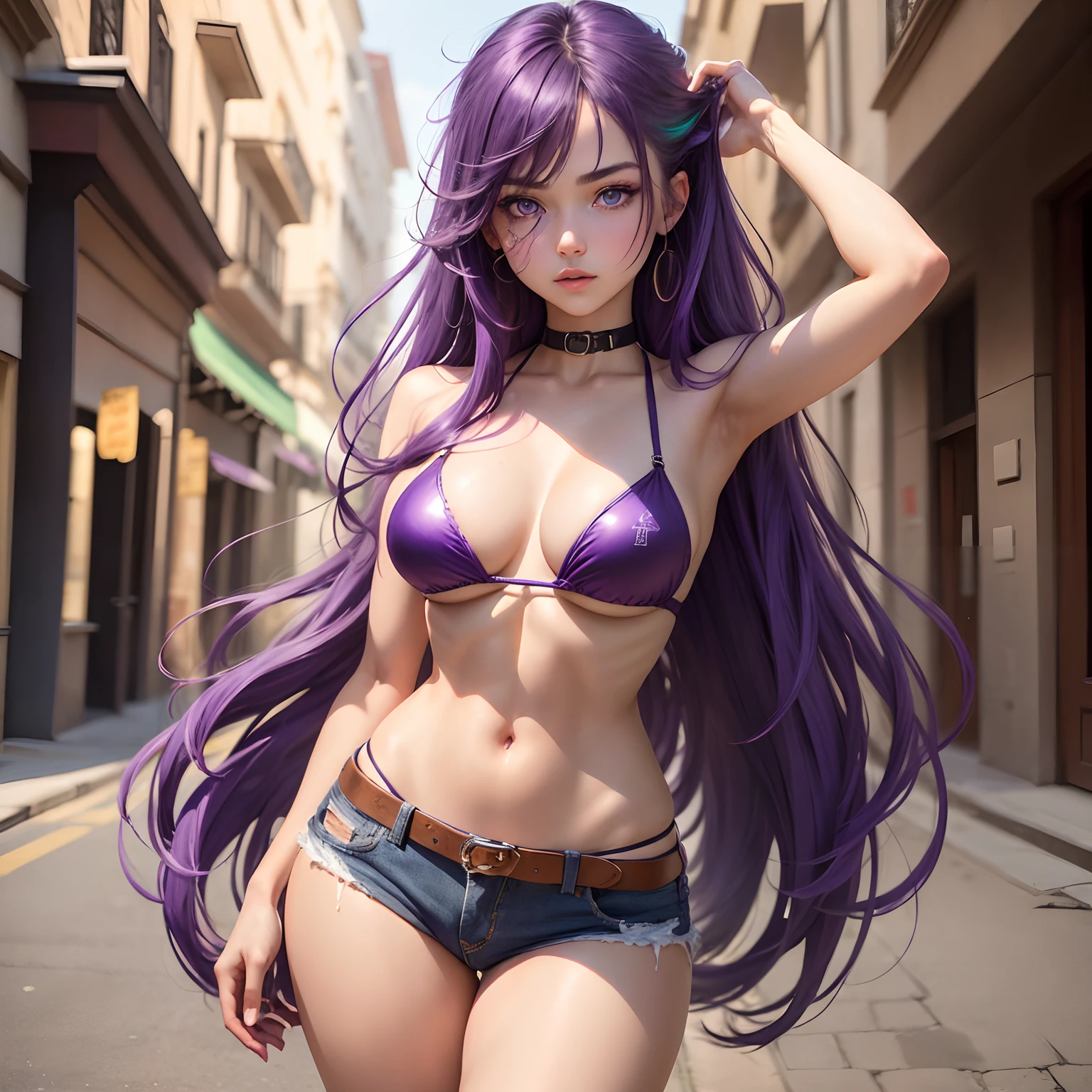 (1girl),(masterpiece), (work of art), (amazing work), (detailed eyes), (purple eyes),(multicolored), (long purple thair), (sparkling eyes), (1girl),),best quality, full body, expressive eyes, perfect face, purple bikini top, skinny jeans, large breasts,