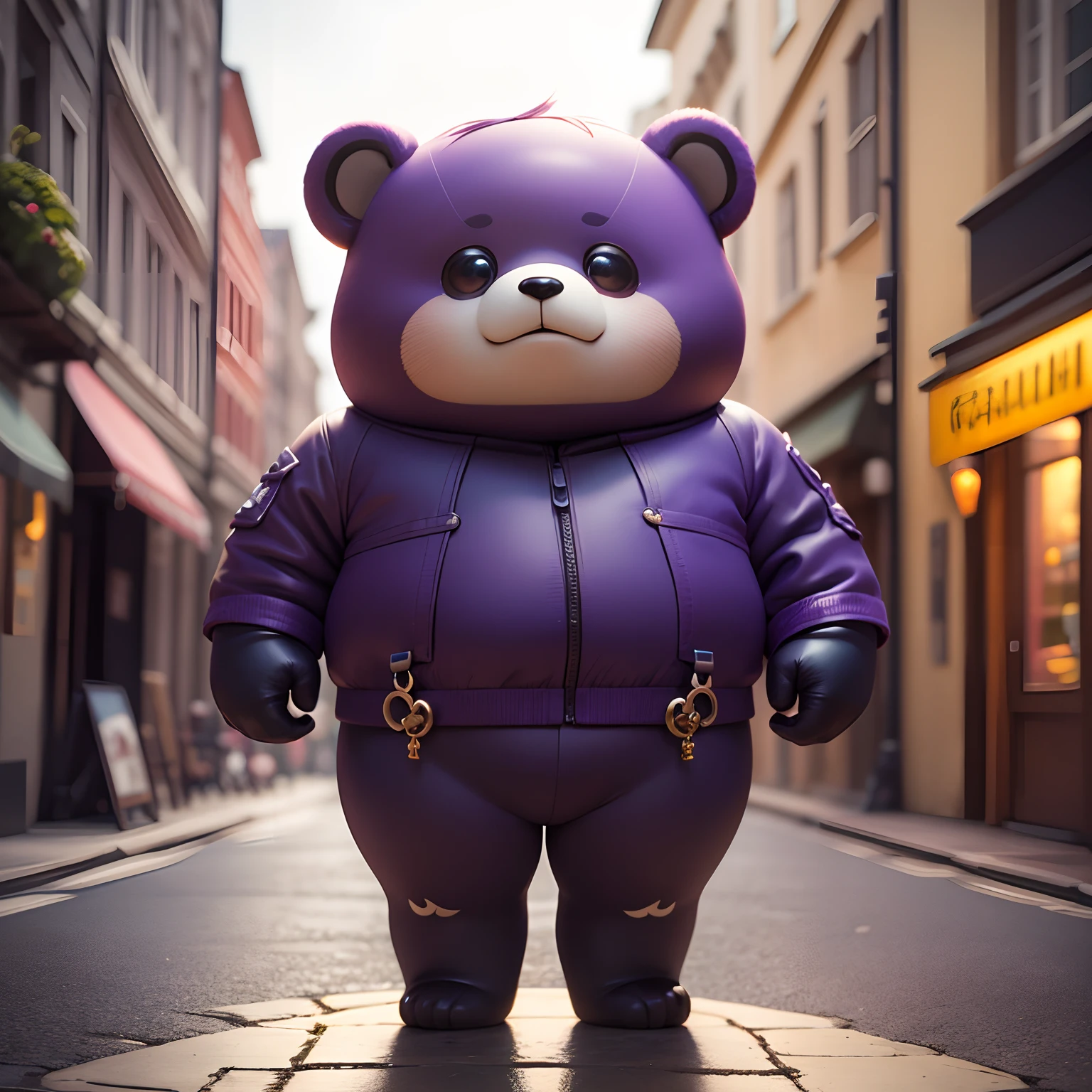 masterpiece、top-quality、ultra-detailliert、(Chibi Purple Bearman:1.2)Cute charming chibi animation with bear-like face、(Chibi 3D): 1.3,(A detailed face:1.2),(Standing posture:1.1),Randomly generated backgrounds,Jumping
