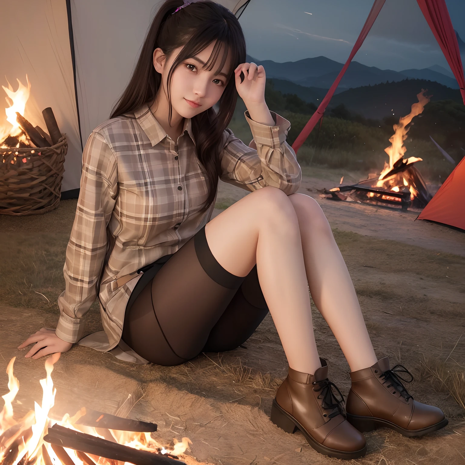 high quality, best quality, masterpiece, extremely fine and beautiful and detailed, professional photograph, appropriate lighting,
extremely beautiful 1 girl, beautiful face,
checkered shirt, shorts, trekking tights, (a bonfire stand,:1.2)
smile, slender, blushed cheeks, sitting on chair,
(short ponytail,:0.8)
midnight, autumn, mountain, (from above,:0.8) tent,