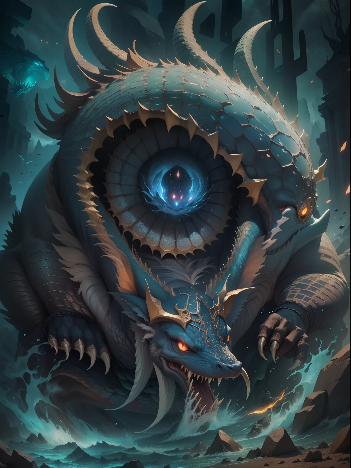 Detailed eyes and mouth, Ferocious creatures, Vibrant colors, Enigmatic Atmosphere, Intricate scales, fantastical landscapes, Ancient legends, mythological creatures, Dark and mysterious, Epic battles, mythological beasts, Breathtaking landscapes, Mythological realm, Otherworldly creatures, Supernatural powers, ancient artifacts, Ancient ruins, magic incantation, Awe-inspiring, Majestic mountains, Wonders of the deep sea, Ethereal creatures, EnchantingForest, Ancient temple, Legendary creatures, Ferocious claws and fangs, Hidden treasure, Magical power, Ancient prophecy, divine being, Elemental forces, celestial realm.