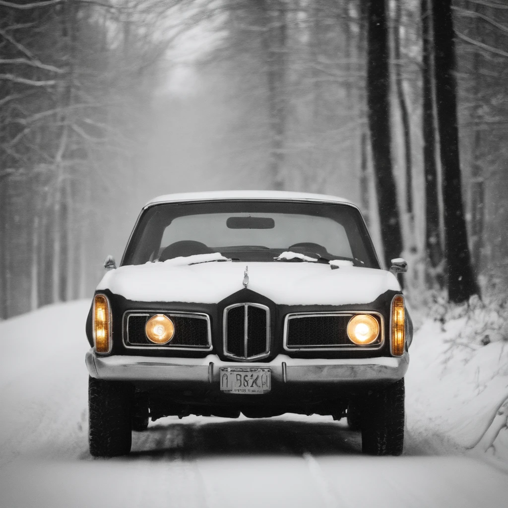 foret nord americaine, Noir et blanc, ultra realist, neige, une voiture 4x4