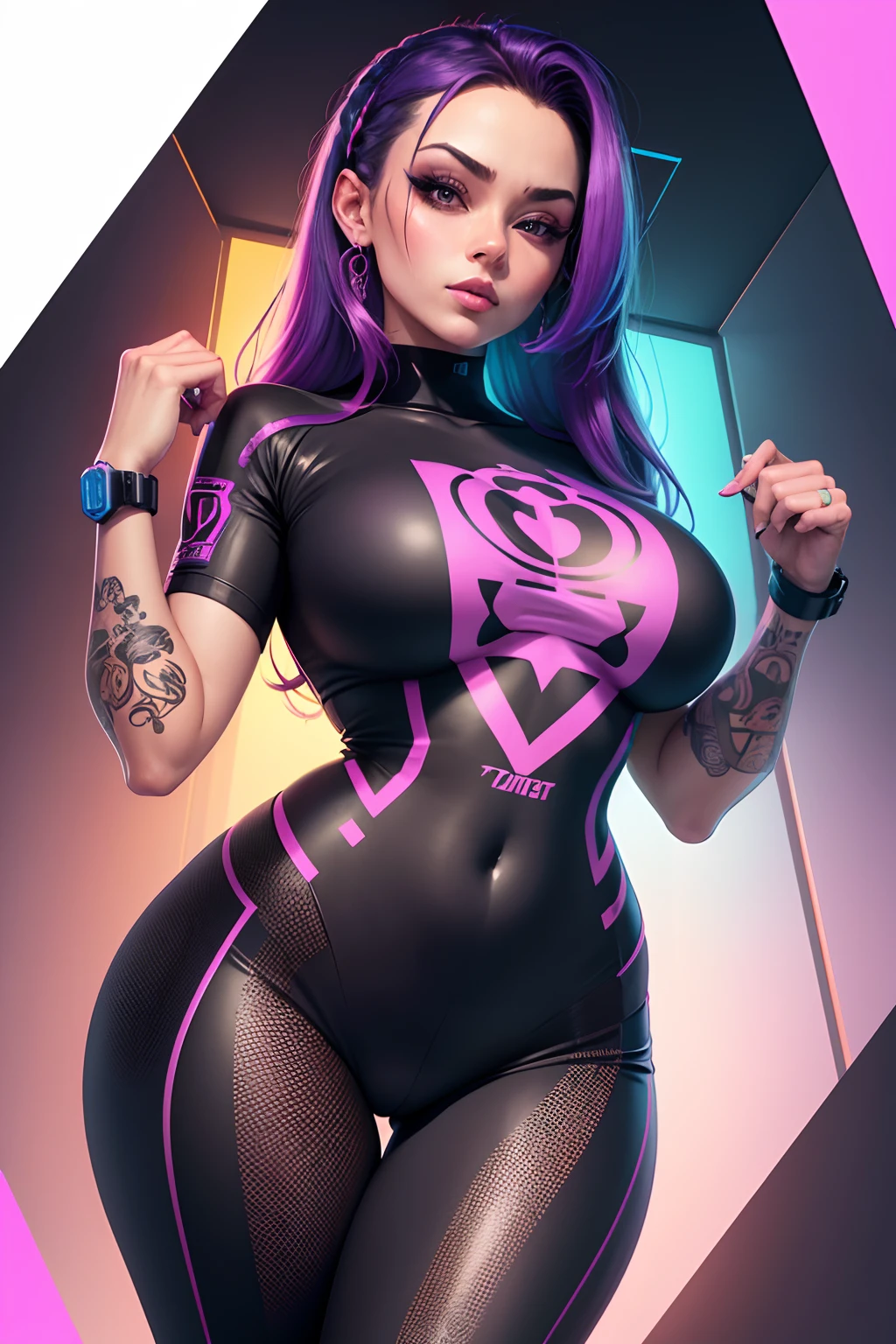 centered, isometric, vector t-shirt art ready to print highly detailed colourful graffiti illustration of a beautiful woman in tight clothes, cyberpunk style, vibrant color, high details