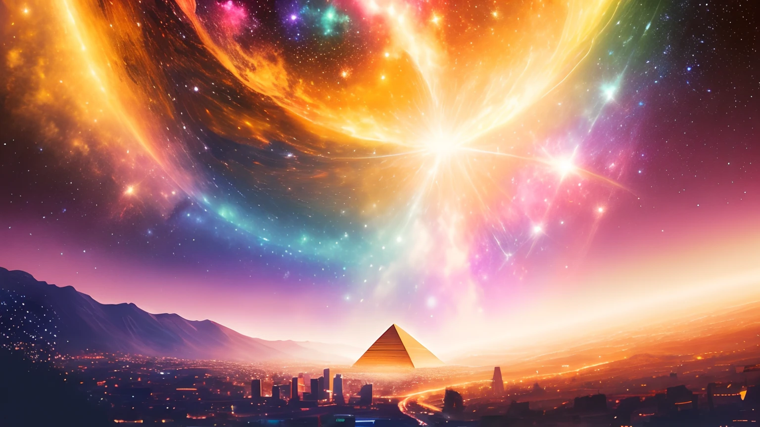 Masterpiece, best quality, very detailed colorful galaxy full of stars and lights, silhouettes of ancient cities with pyramids are in a sky